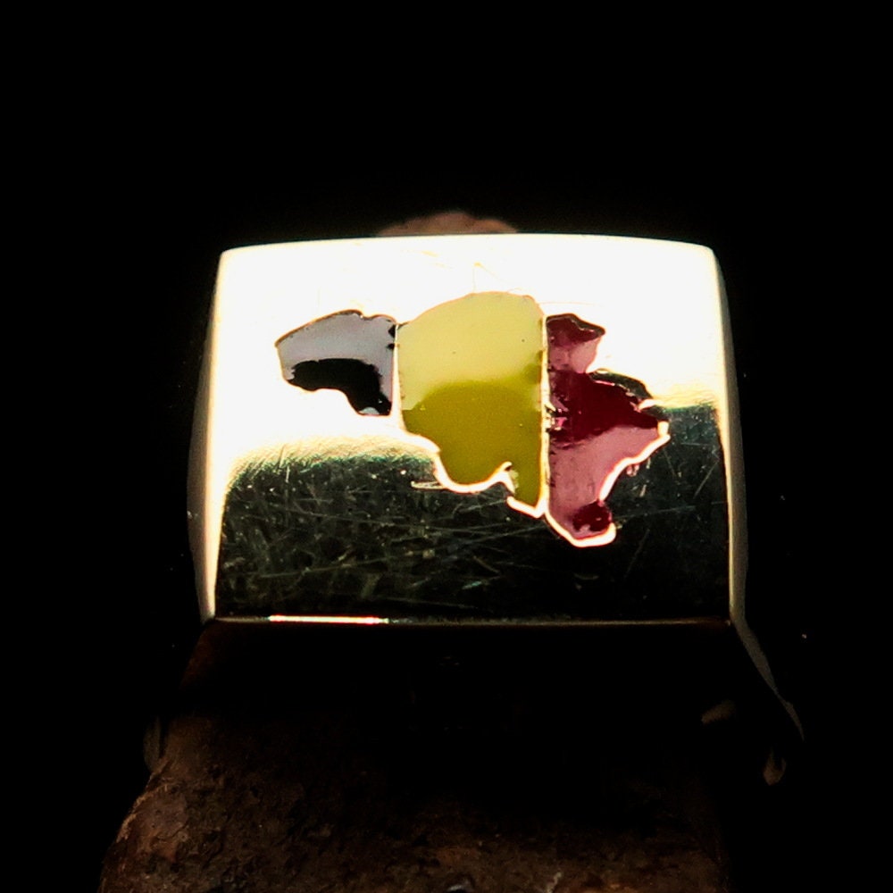 Belgian Flag Ring featuring a square design with the engraved Flag of Belgium, made from polished brass.