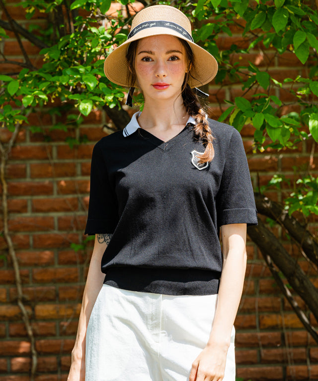 BENECIA 12 Lauren V Short Sleeve top in black, showcasing its elegant V-neck design and soft fabric.