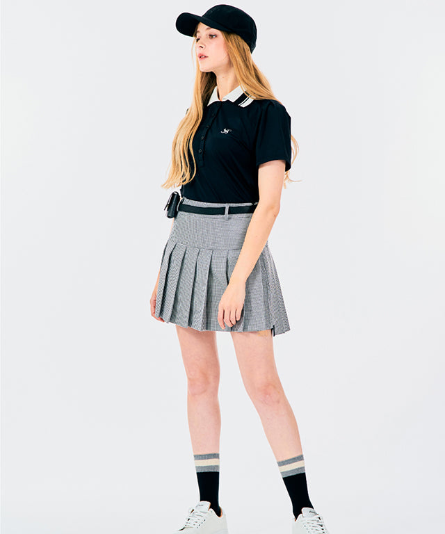 BENECIA 12 Unbalanced Check Skirt in Black, showcasing its unique design and fabric texture.