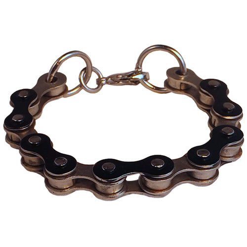 A stylish black and silver bracelet made from recycled bicycle chains, showcasing its unique design and craftsmanship.