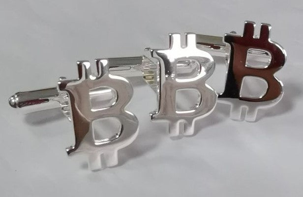 Stylish Bitcoin cufflinks made of 925 sterling silver, featuring a modern design that symbolizes cryptocurrency.