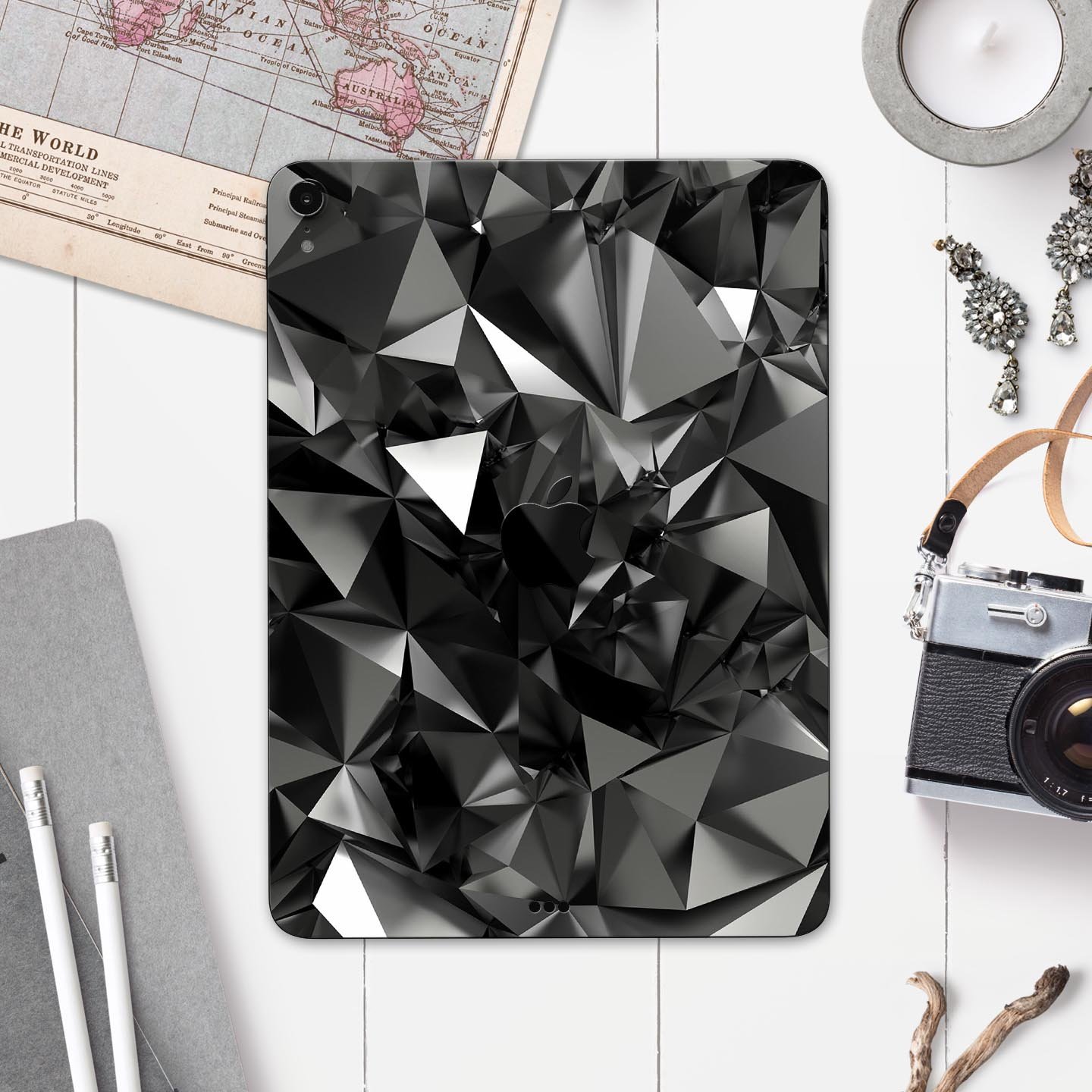 Black 3D Diamond Surface skin decal for Apple iPad Pro, showcasing its sleek design and premium finish.