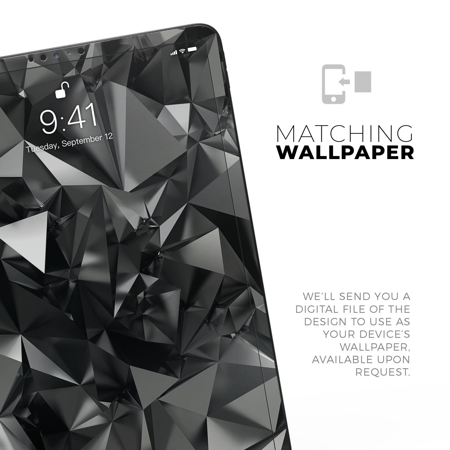 Black 3D Diamond Surface skin decal for Apple iPad Pro, showcasing its sleek design and premium finish.