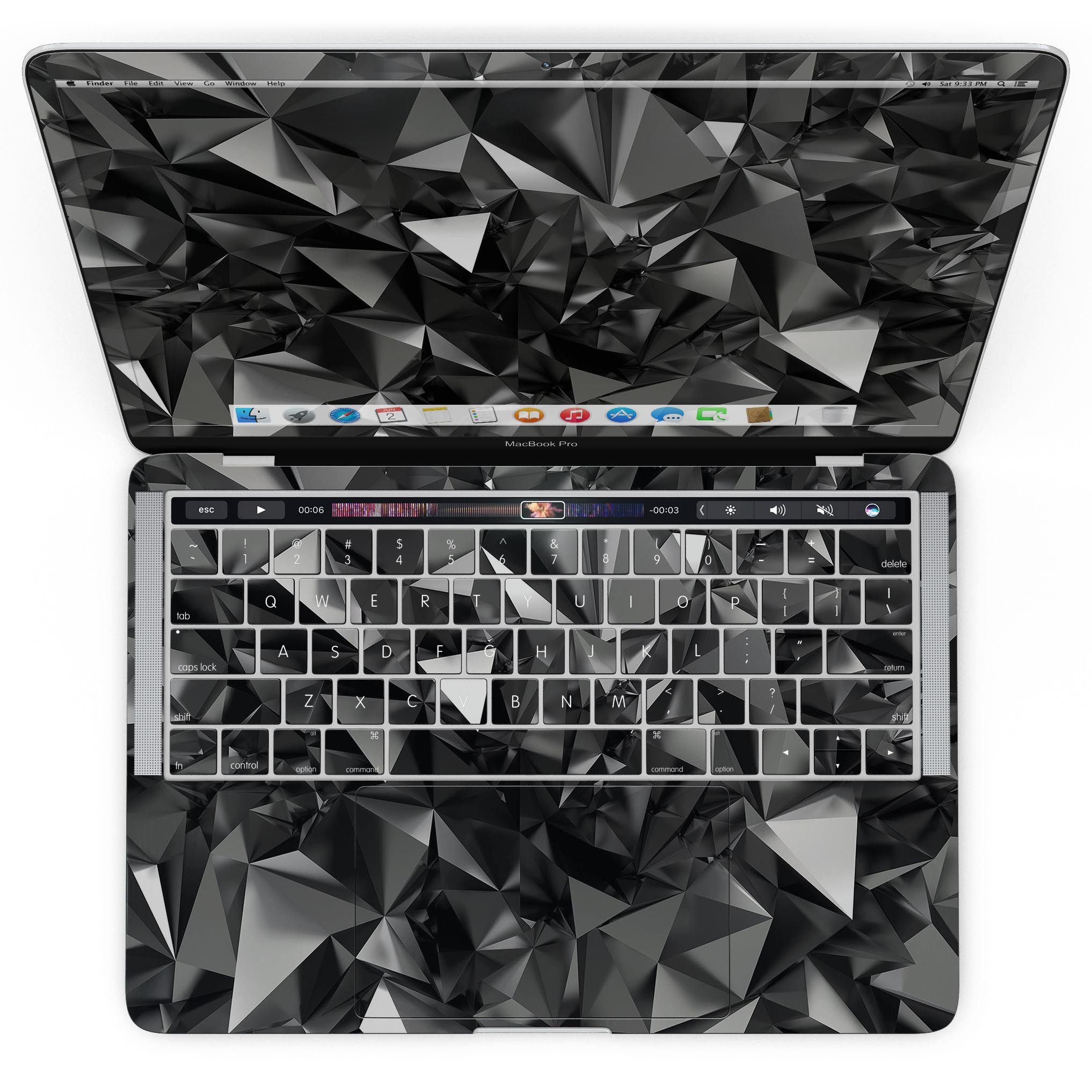 Black 3D Diamond Surface Skin Kit for MacBook Pro with Touch Bar, showcasing a sleek design and premium vinyl material.