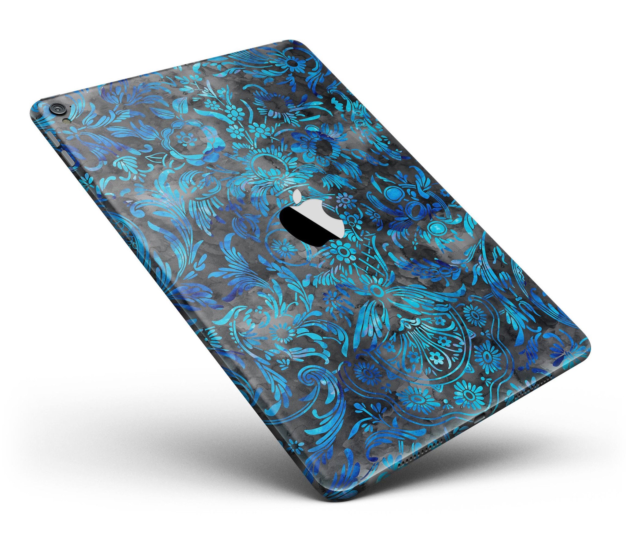 Black and Blue Damask Watercolor Pattern Full Body Skin for iPad Pro, showcasing vibrant colors and intricate design.