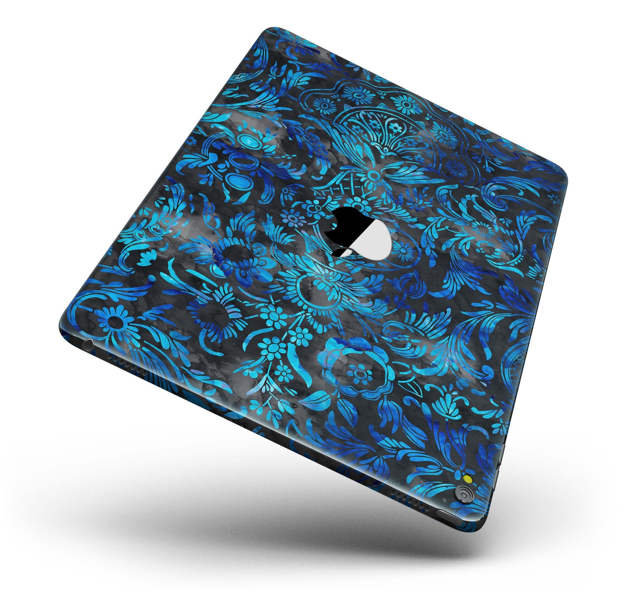 Black and Blue Damask Watercolor Pattern Full Body Skin for iPad Pro, showcasing vibrant colors and intricate design.