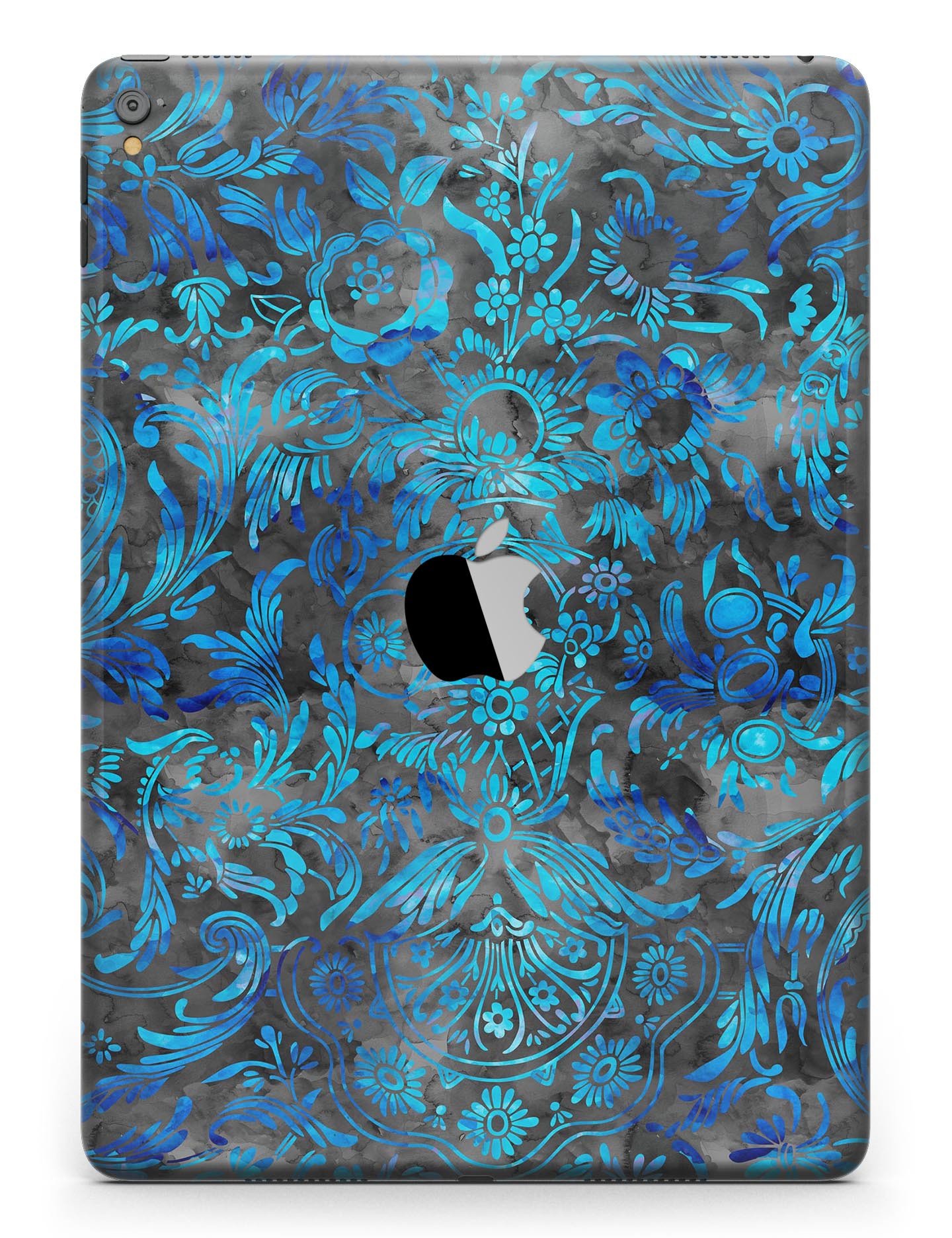 Black and Blue Damask Watercolor Pattern Full Body Skin for iPad Pro, showcasing vibrant colors and intricate design.