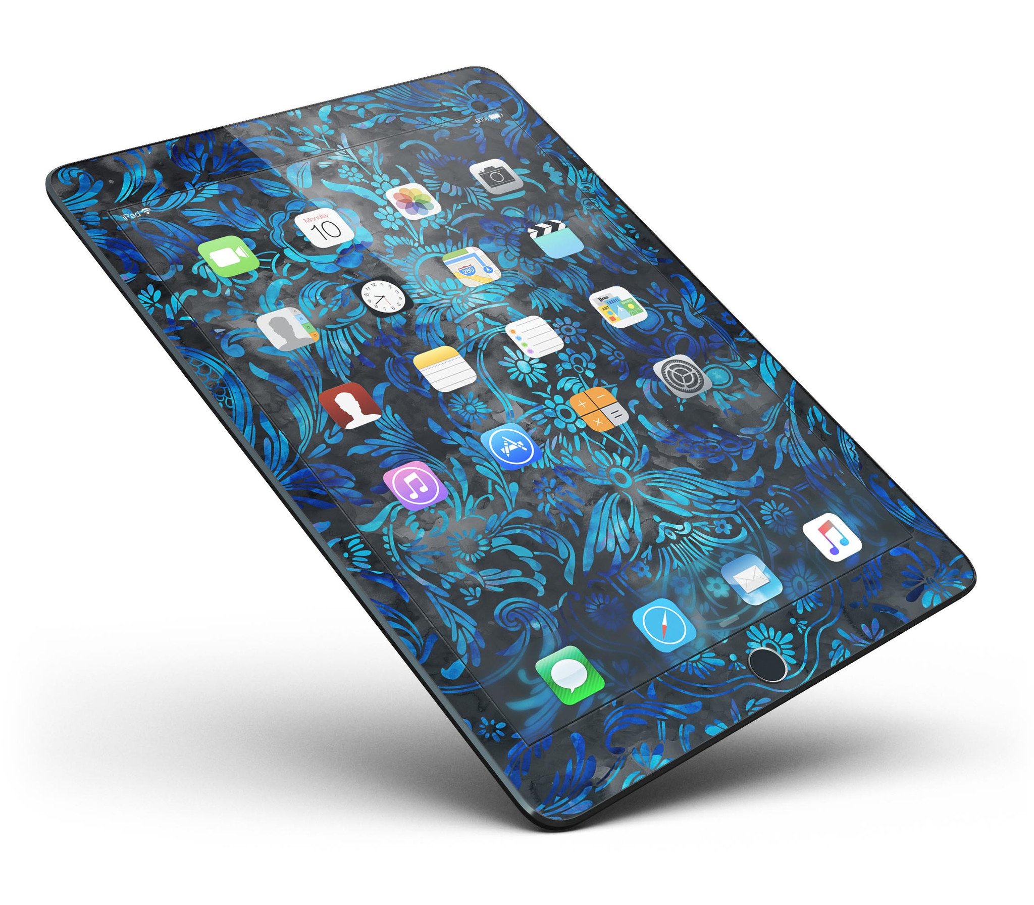 Black and Blue Damask Watercolor Pattern Full Body Skin for iPad Pro, showcasing vibrant colors and intricate design.