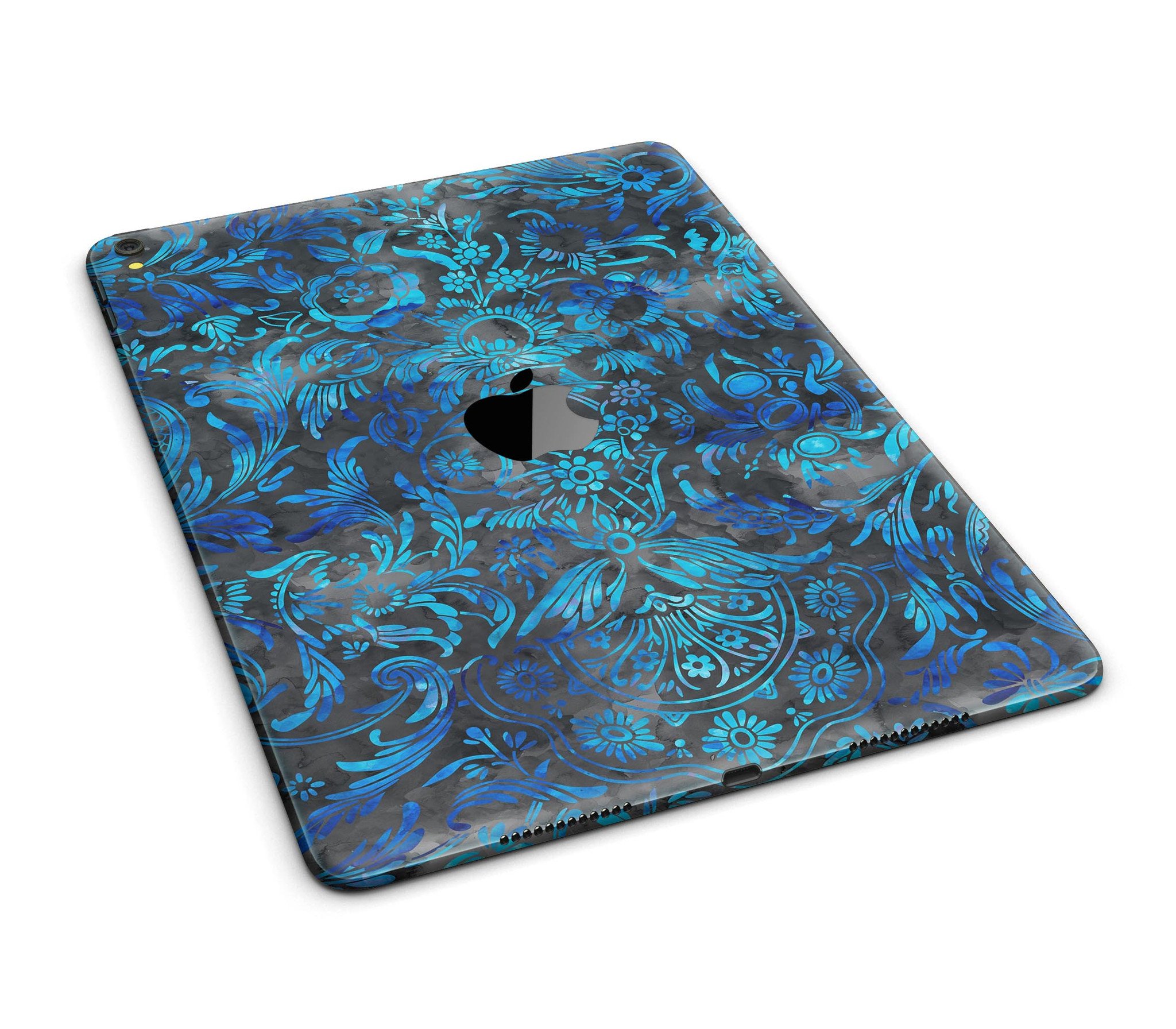 Black and Blue Damask Watercolor Pattern Full Body Skin for iPad Pro, showcasing vibrant colors and intricate design.