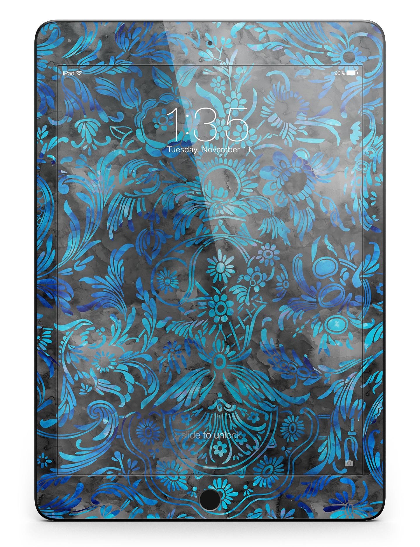 Black and Blue Damask Watercolor Pattern Full Body Skin for iPad Pro, showcasing vibrant colors and intricate design.