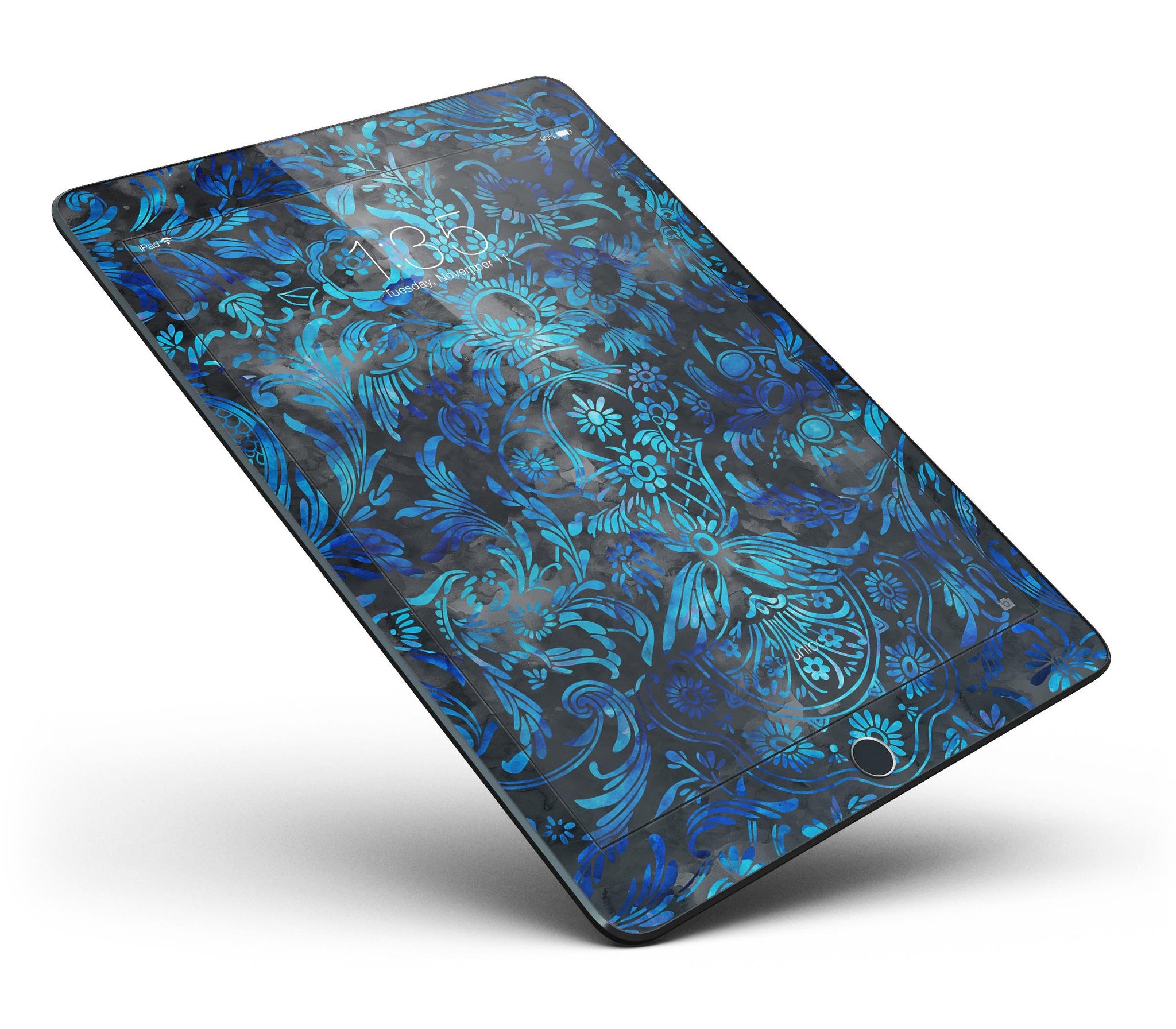 Black and Blue Damask Watercolor Pattern Full Body Skin for iPad Pro, showcasing vibrant colors and intricate design.