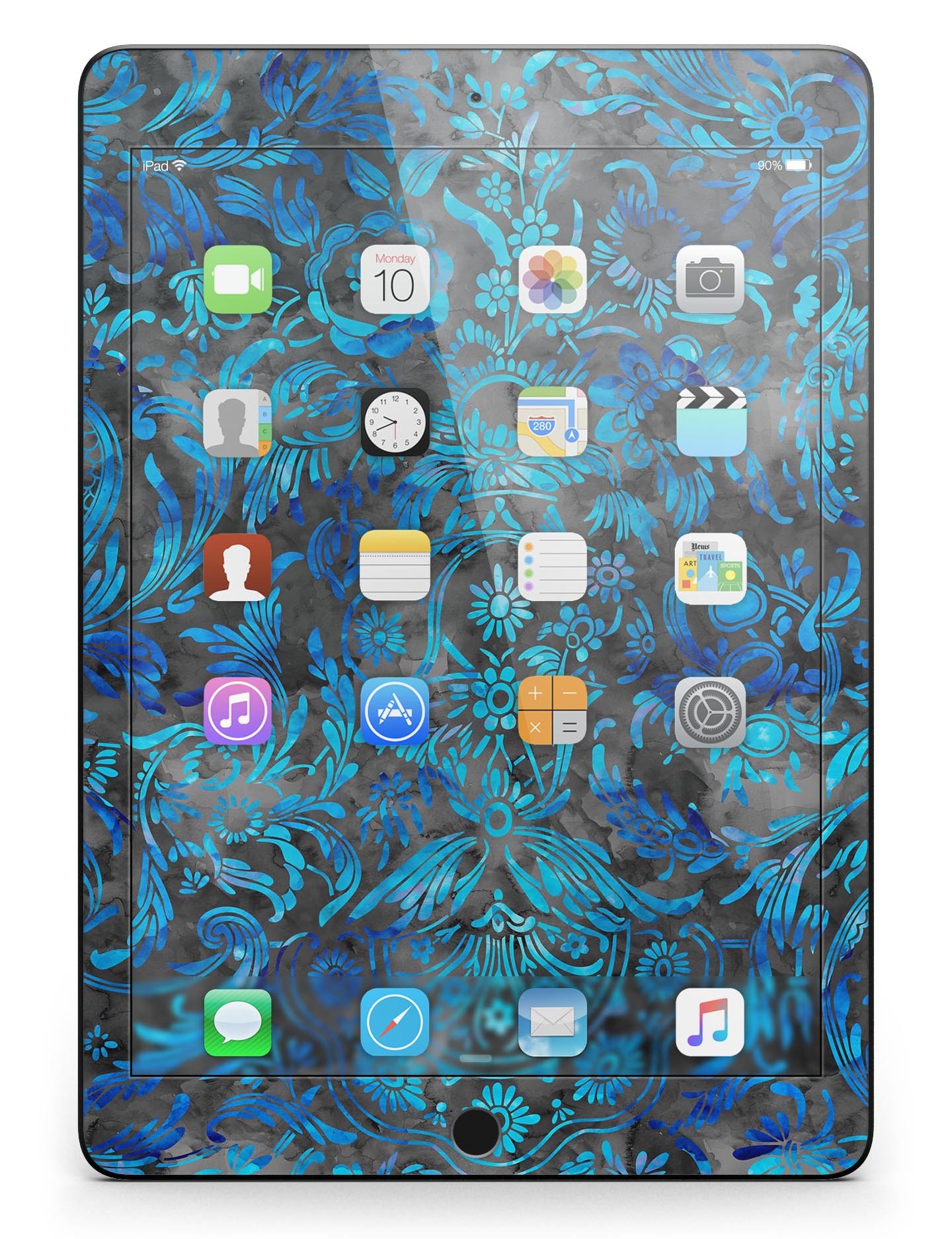 Black and Blue Damask Watercolor Pattern Full Body Skin for iPad Pro, showcasing vibrant colors and intricate design.