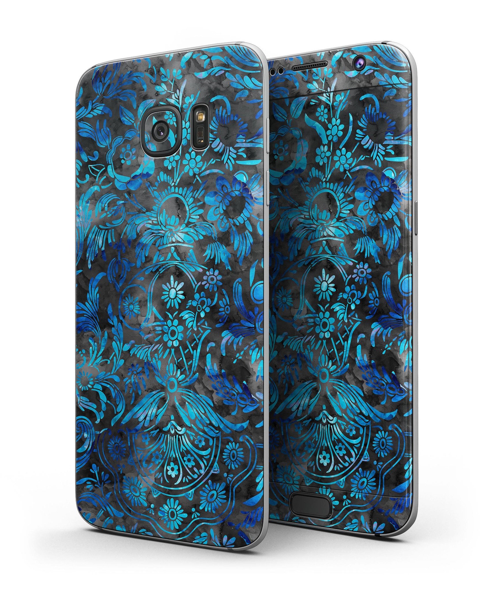 Black and Blue Damask Watercolor Pattern Skin-Kit for Samsung Galaxy S7 and S7 Edge, showcasing a stylish design on a sleek device.