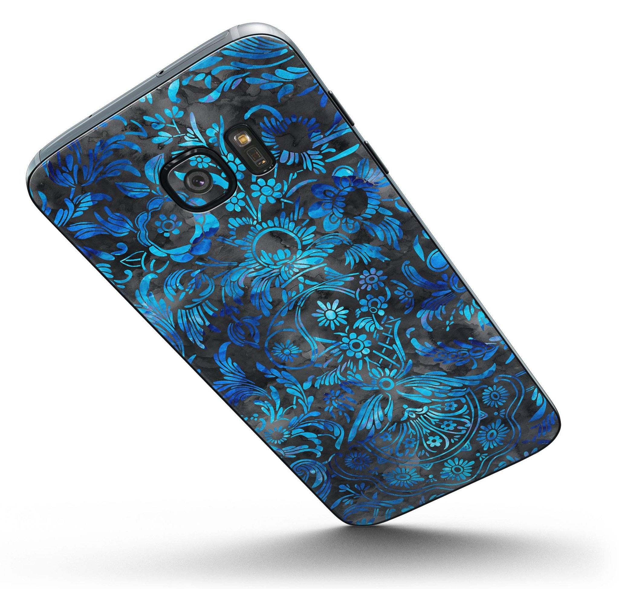 Black and Blue Damask Watercolor Pattern Skin-Kit for Samsung Galaxy S7 and S7 Edge, showcasing a stylish design on a sleek device.