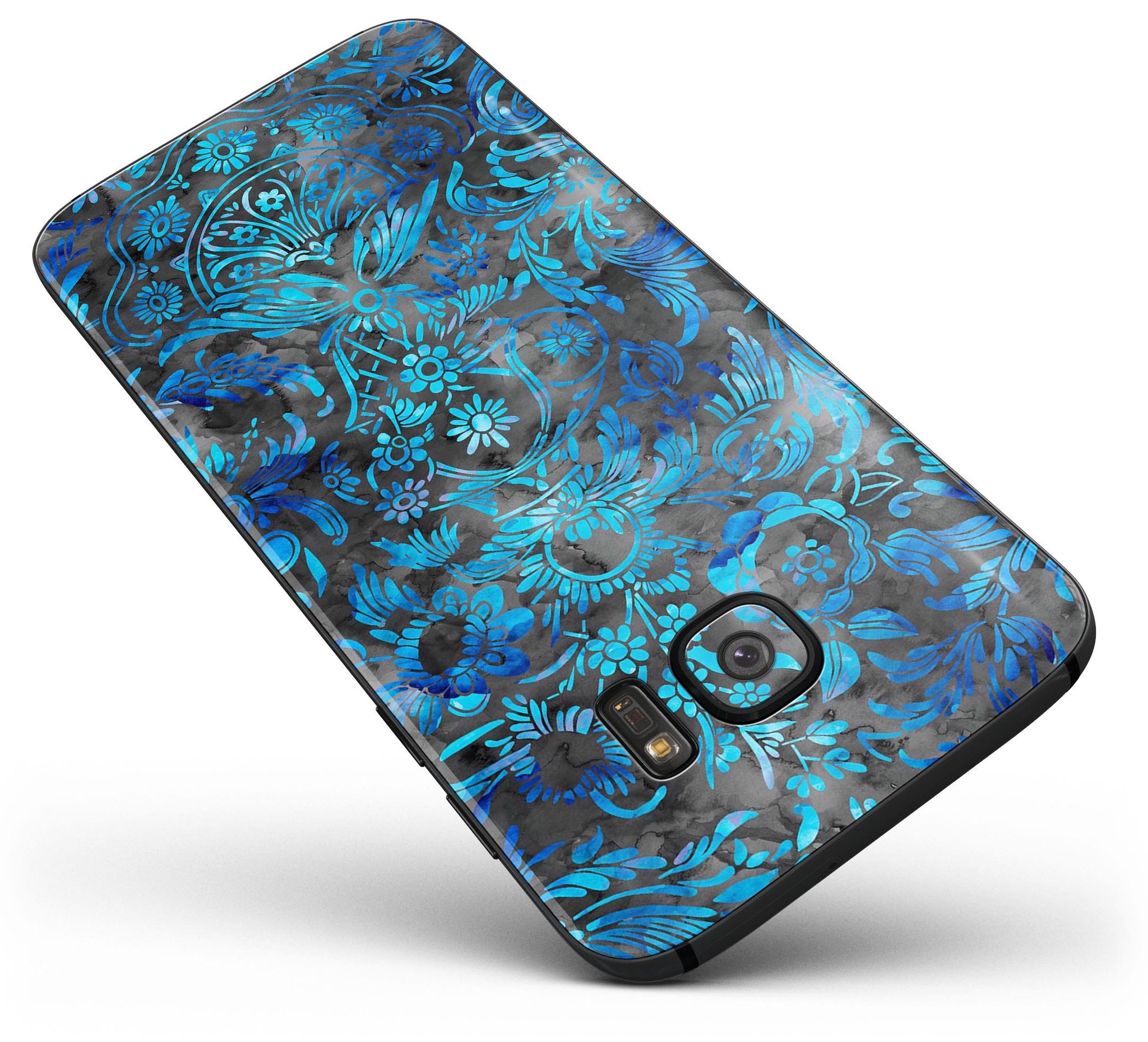 Black and Blue Damask Watercolor Pattern Skin-Kit for Samsung Galaxy S7 and S7 Edge, showcasing a stylish design on a sleek device.