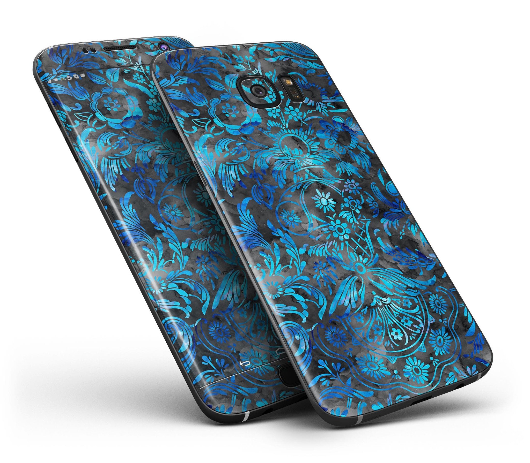 Black and Blue Damask Watercolor Pattern Skin-Kit for Samsung Galaxy S7 and S7 Edge, showcasing a stylish design on a sleek device.