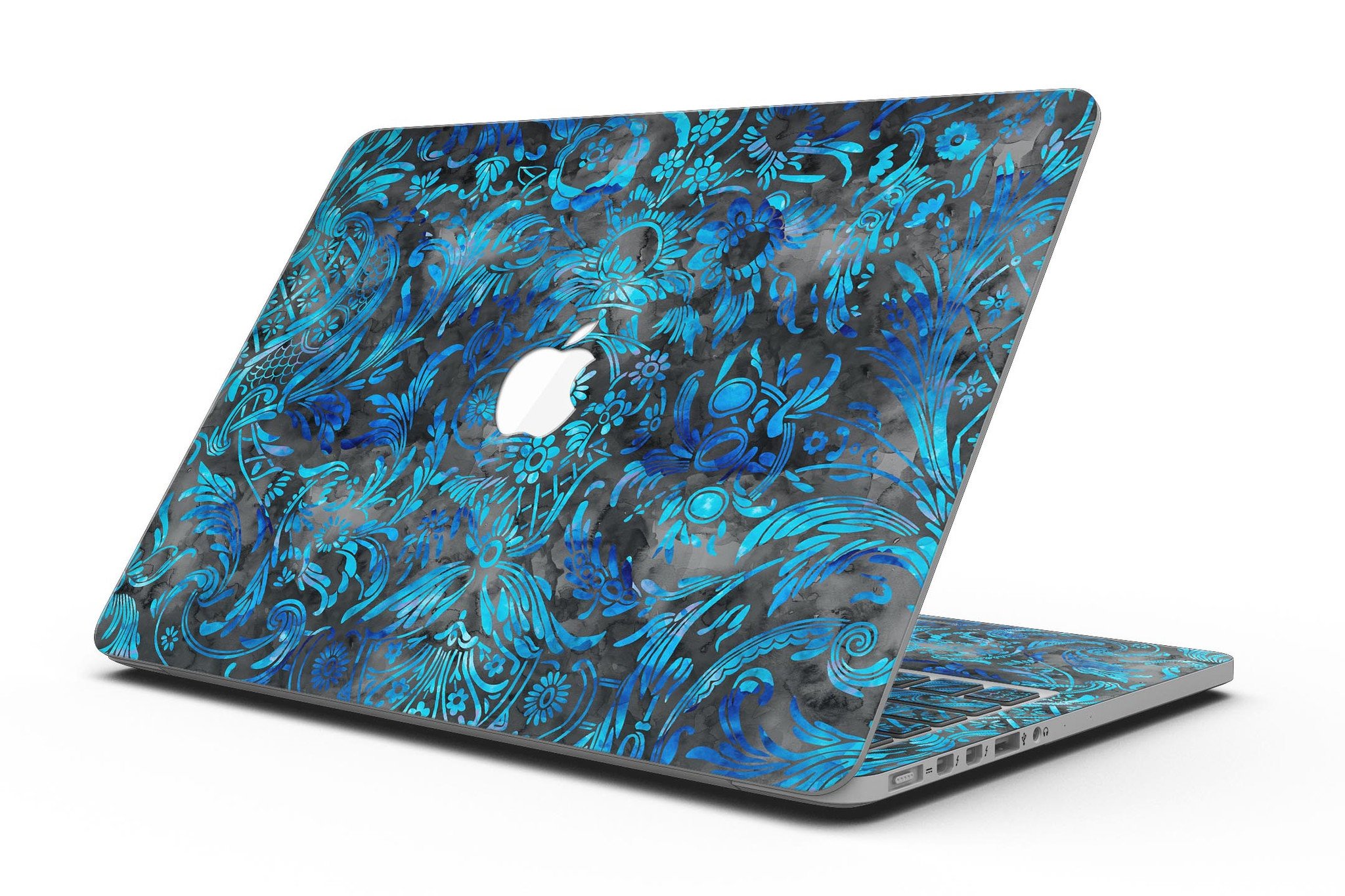 Black and Blue Damask Watercolor Pattern skin for MacBook Pro with Retina Display, showcasing vibrant colors and intricate design.