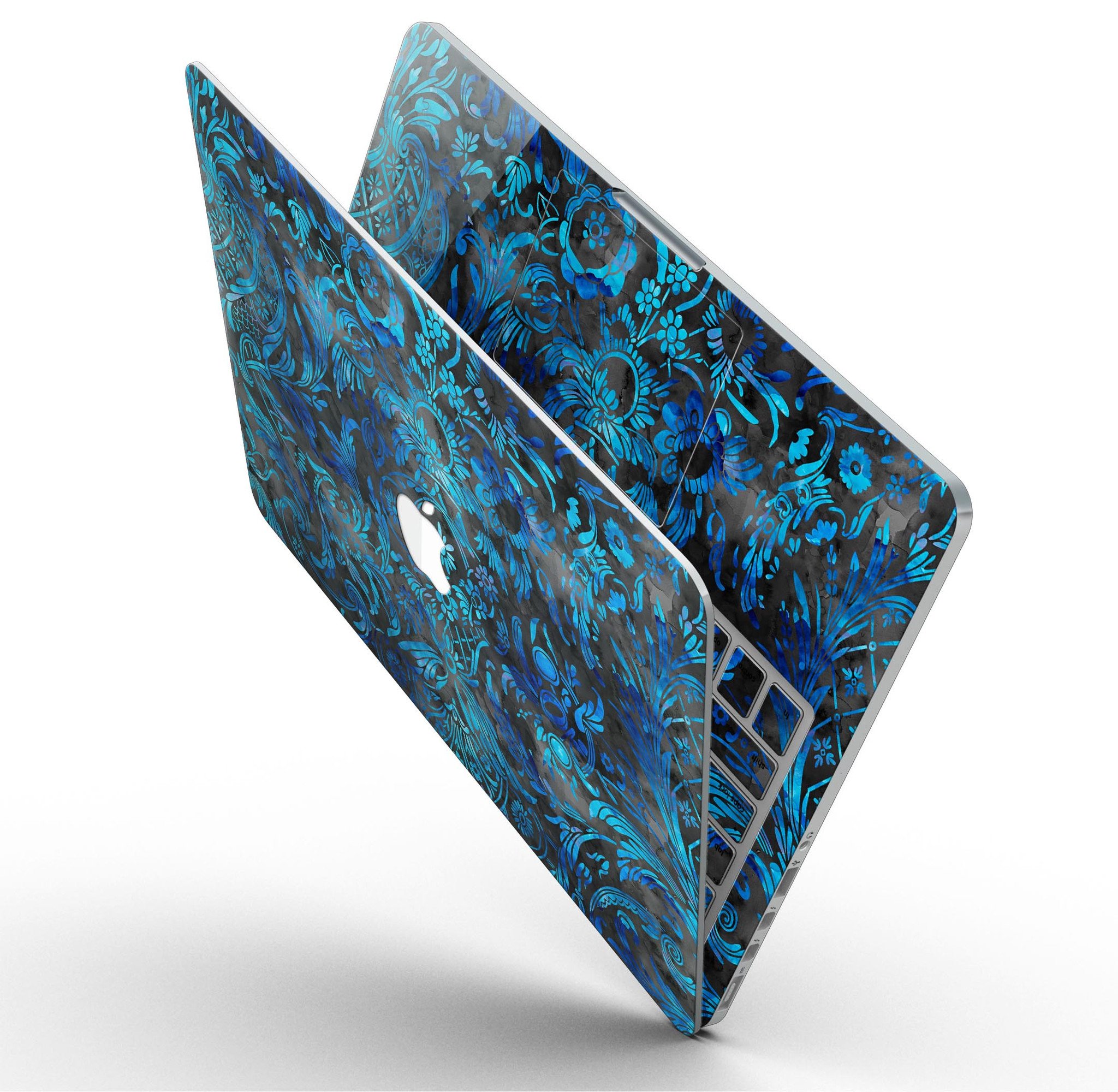 Black and Blue Damask Watercolor Pattern skin for MacBook Pro with Retina Display, showcasing vibrant colors and intricate design.