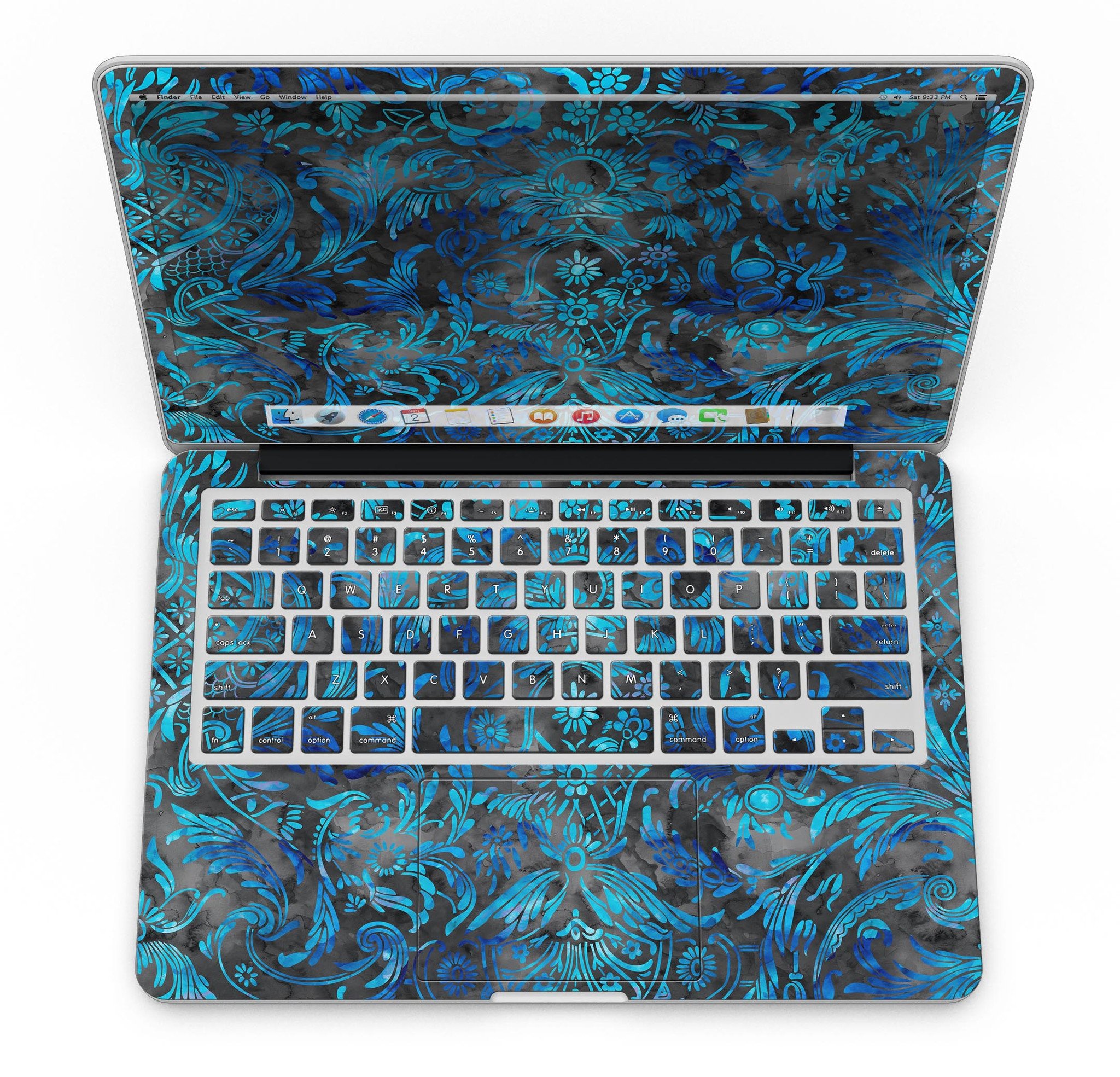 Black and Blue Damask Watercolor Pattern skin for MacBook Pro with Retina Display, showcasing vibrant colors and intricate design.