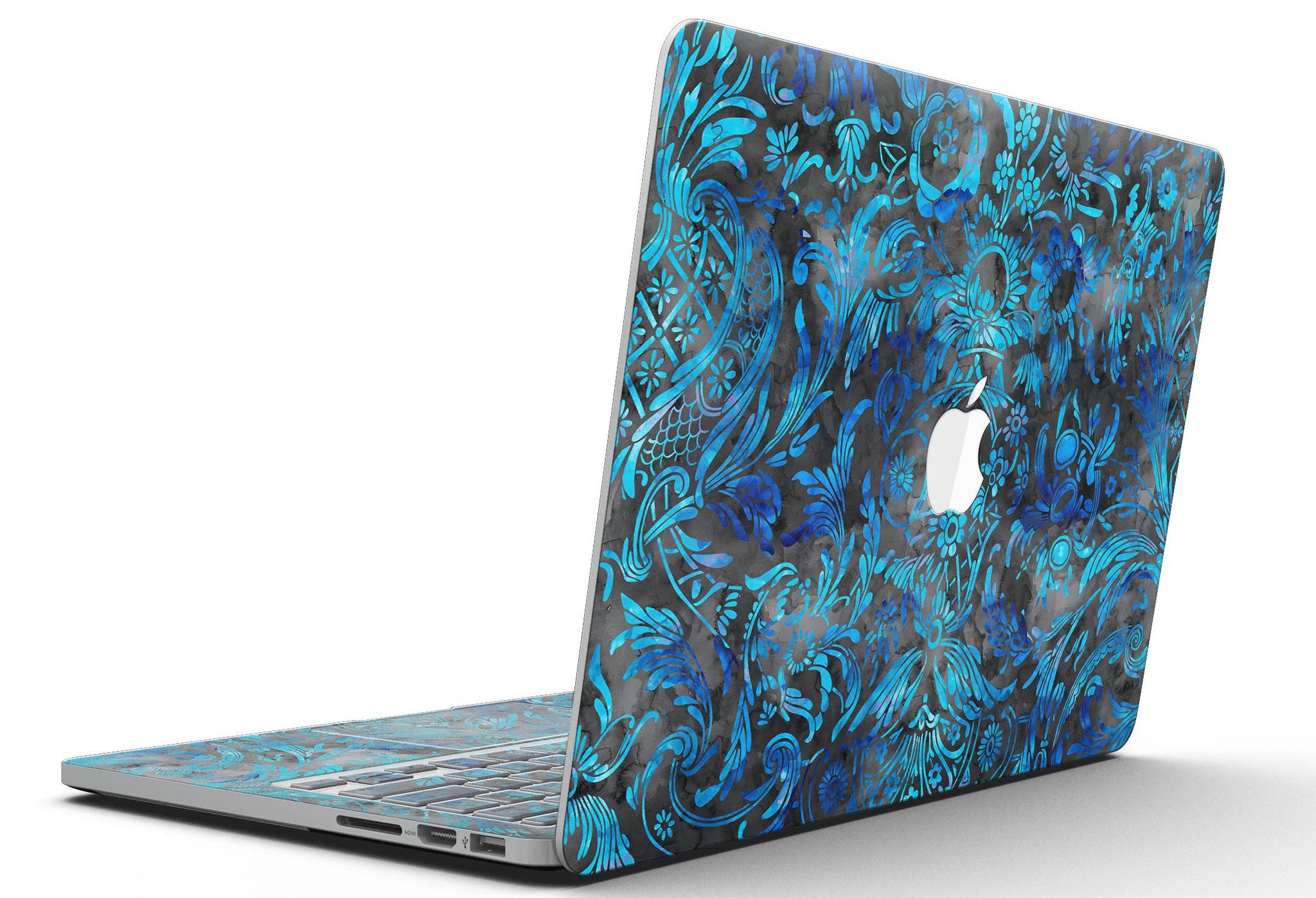 Black and Blue Damask Watercolor Pattern skin for MacBook Pro with Retina Display, showcasing vibrant colors and intricate design.