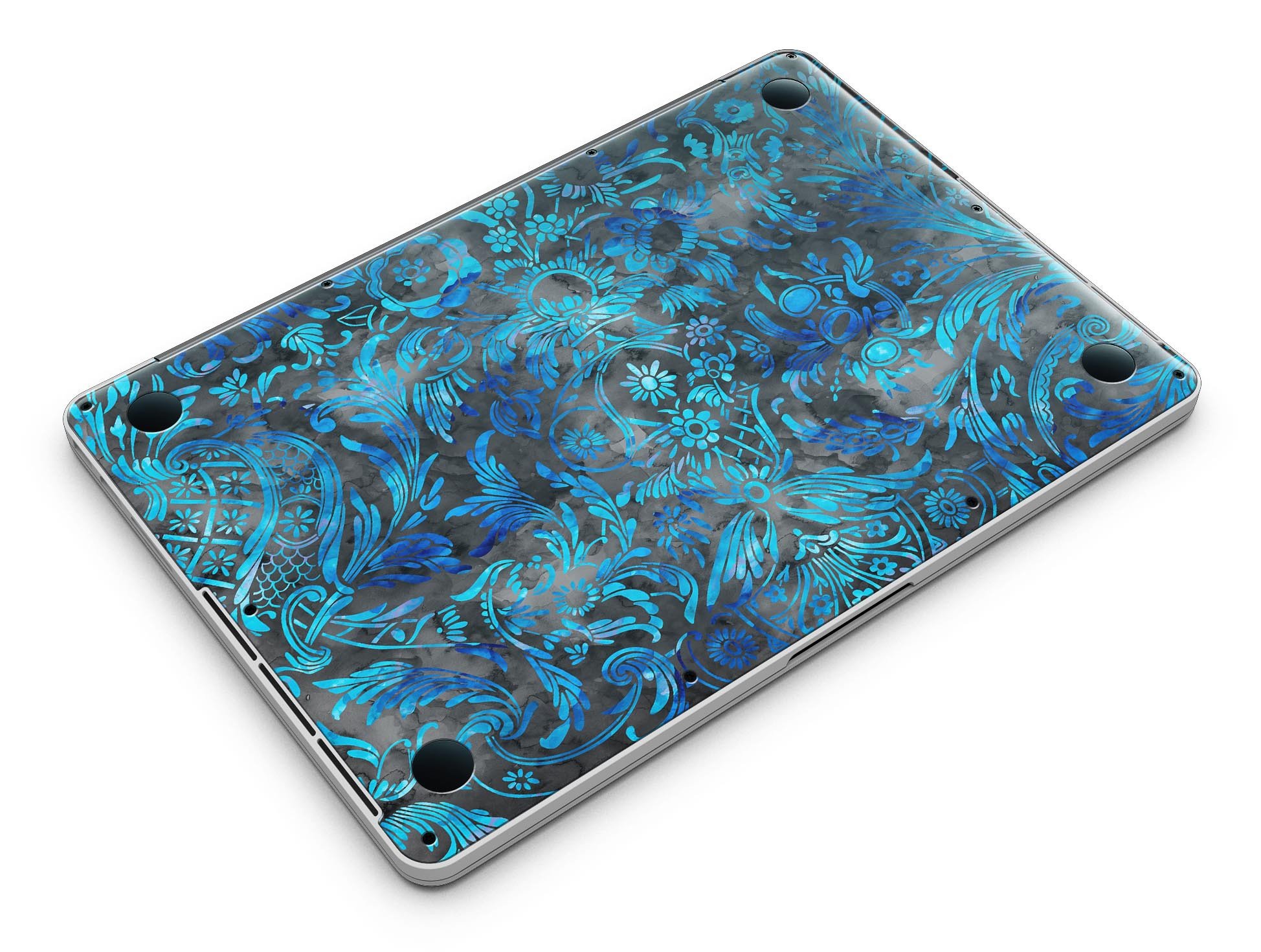 Black and Blue Damask Watercolor Pattern skin for MacBook Pro with Retina Display, showcasing vibrant colors and intricate design.