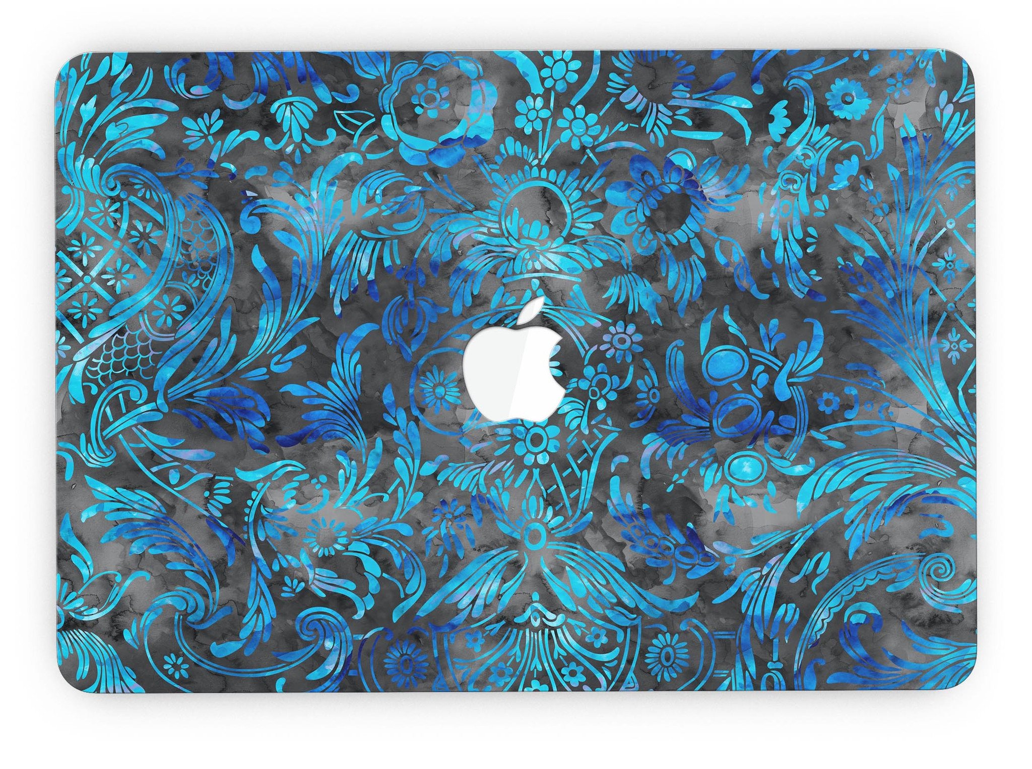 Black and Blue Damask Watercolor Pattern skin for MacBook Pro with Retina Display, showcasing vibrant colors and intricate design.