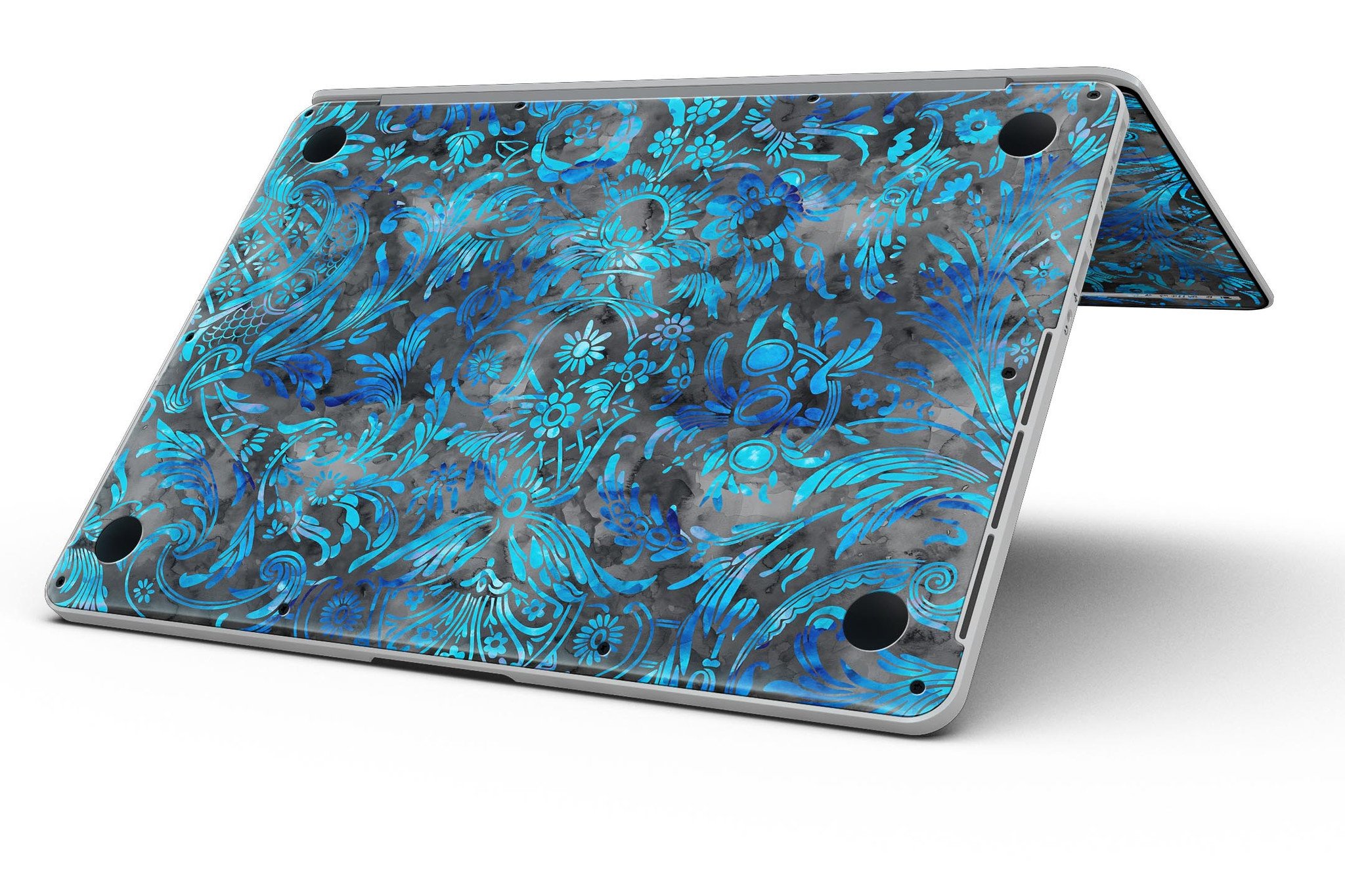 Black and Blue Damask Watercolor Pattern skin for MacBook Pro with Retina Display, showcasing vibrant colors and intricate design.