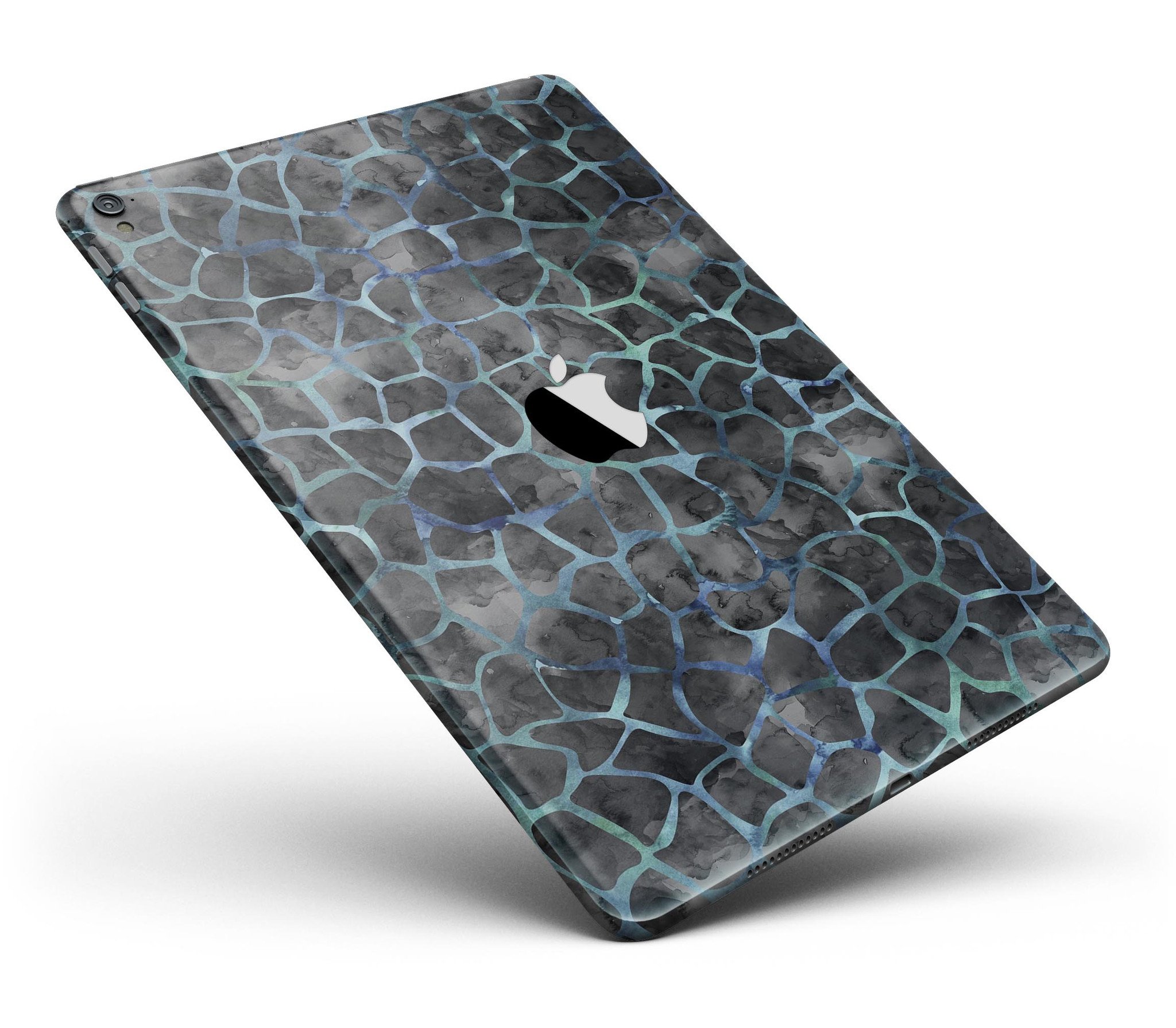 Black and blue watercolor giraffe pattern skin for iPad Pro, showcasing vibrant colors and a full body design.