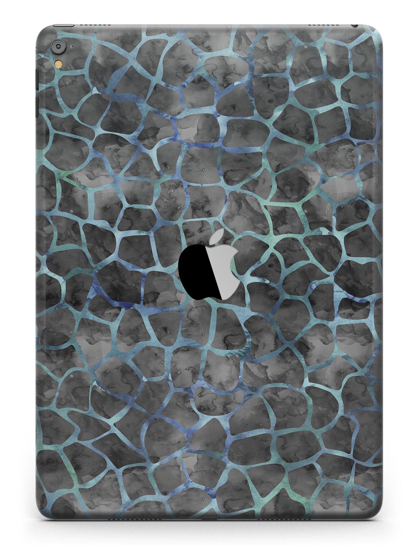 Black and blue watercolor giraffe pattern skin for iPad Pro, showcasing vibrant colors and a full body design.