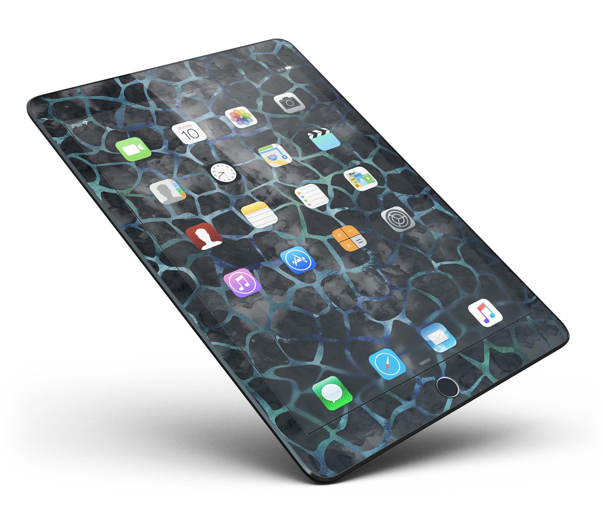 Black and blue watercolor giraffe pattern skin for iPad Pro, showcasing vibrant colors and a full body design.