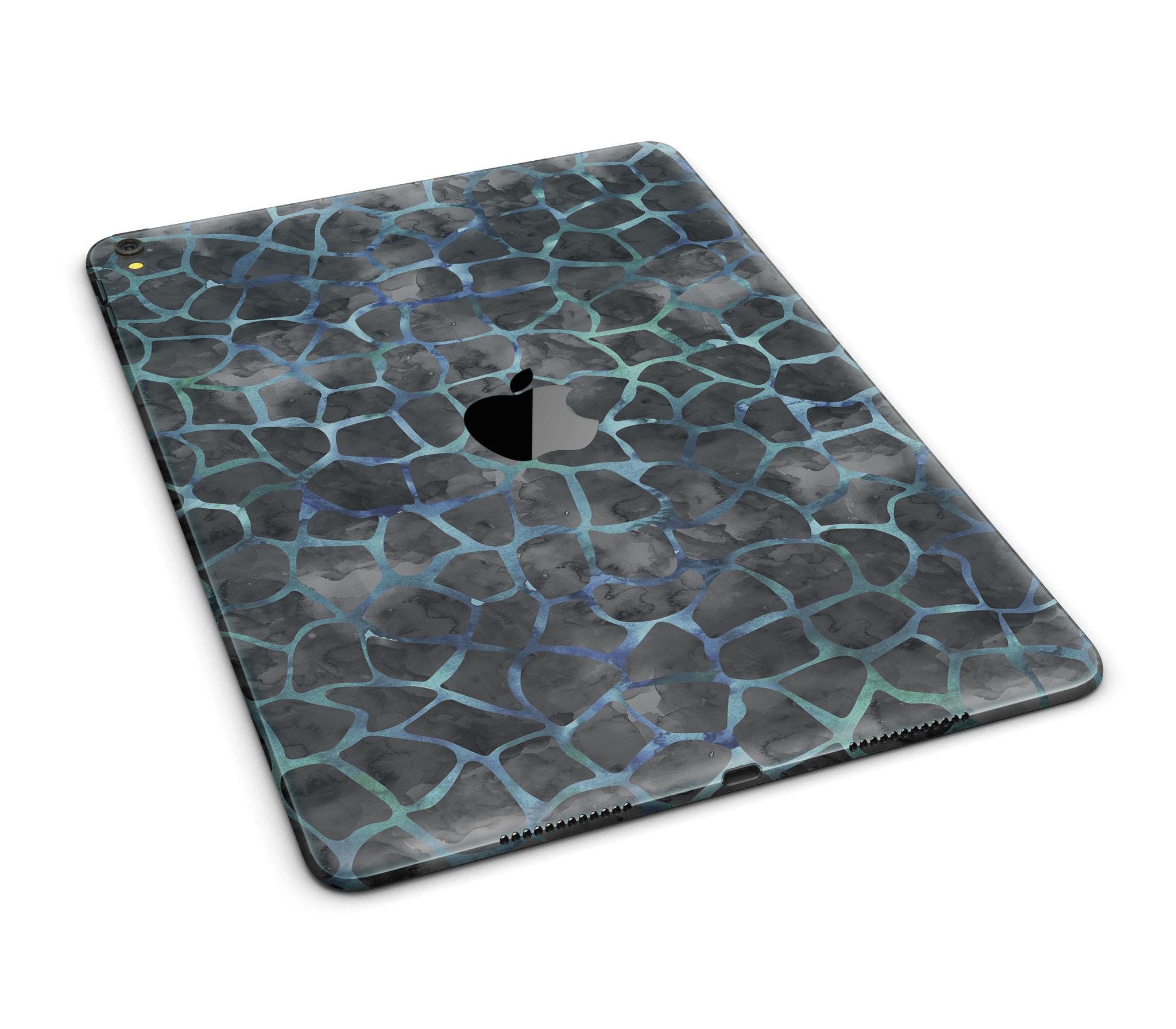 Black and blue watercolor giraffe pattern skin for iPad Pro, showcasing vibrant colors and a full body design.