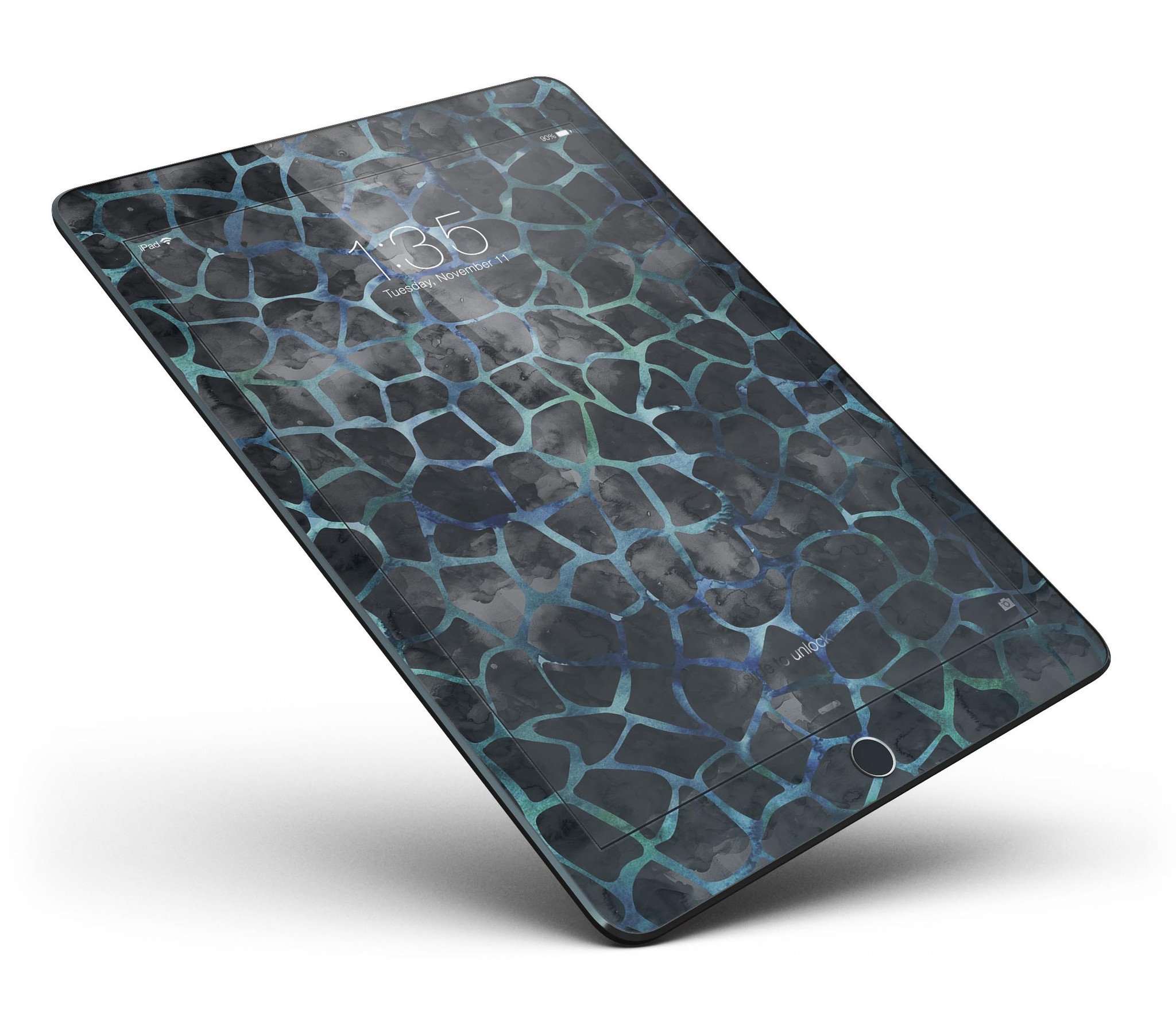 Black and blue watercolor giraffe pattern skin for iPad Pro, showcasing vibrant colors and a full body design.