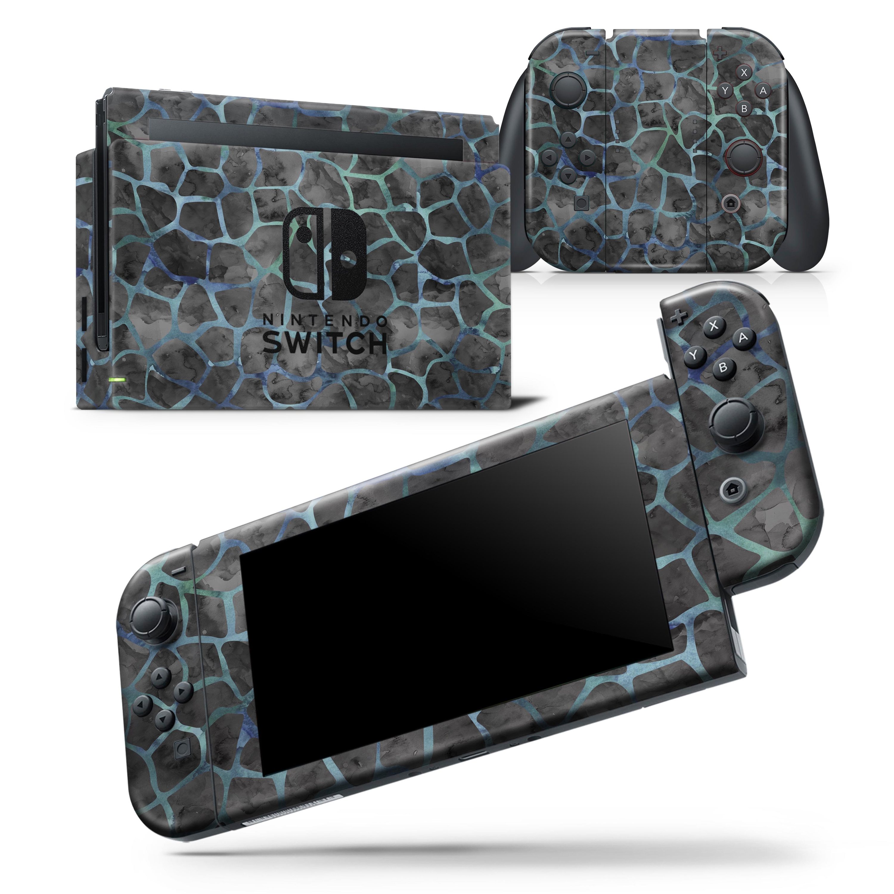 Black and Blue Watercolor Giraffe Pattern skin wrap decal for Nintendo Switch, showcasing vibrant colors and unique design.