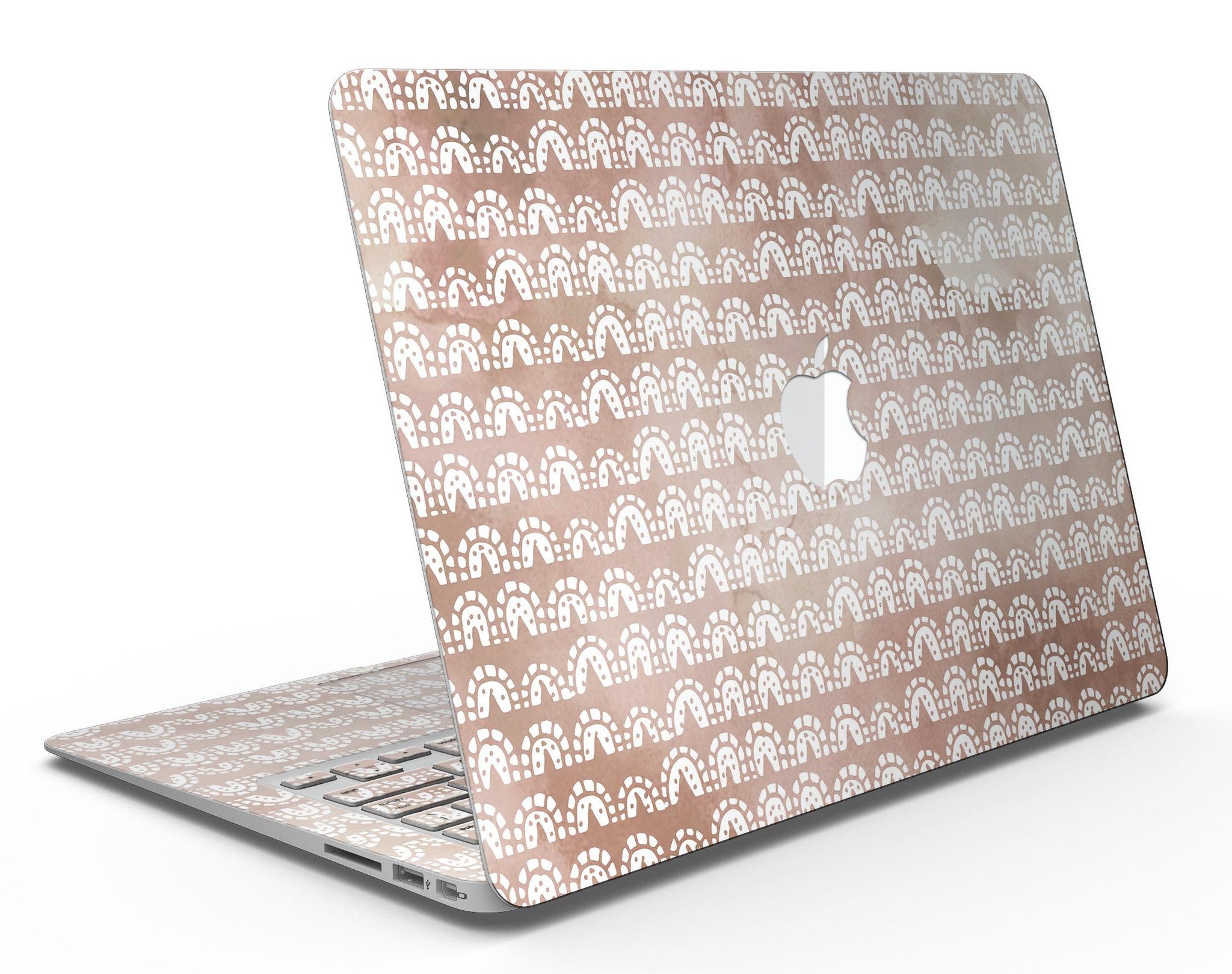 Black and brown grunge vinyl skin for MacBook Air with white semi-circles, showcasing a stylish design.