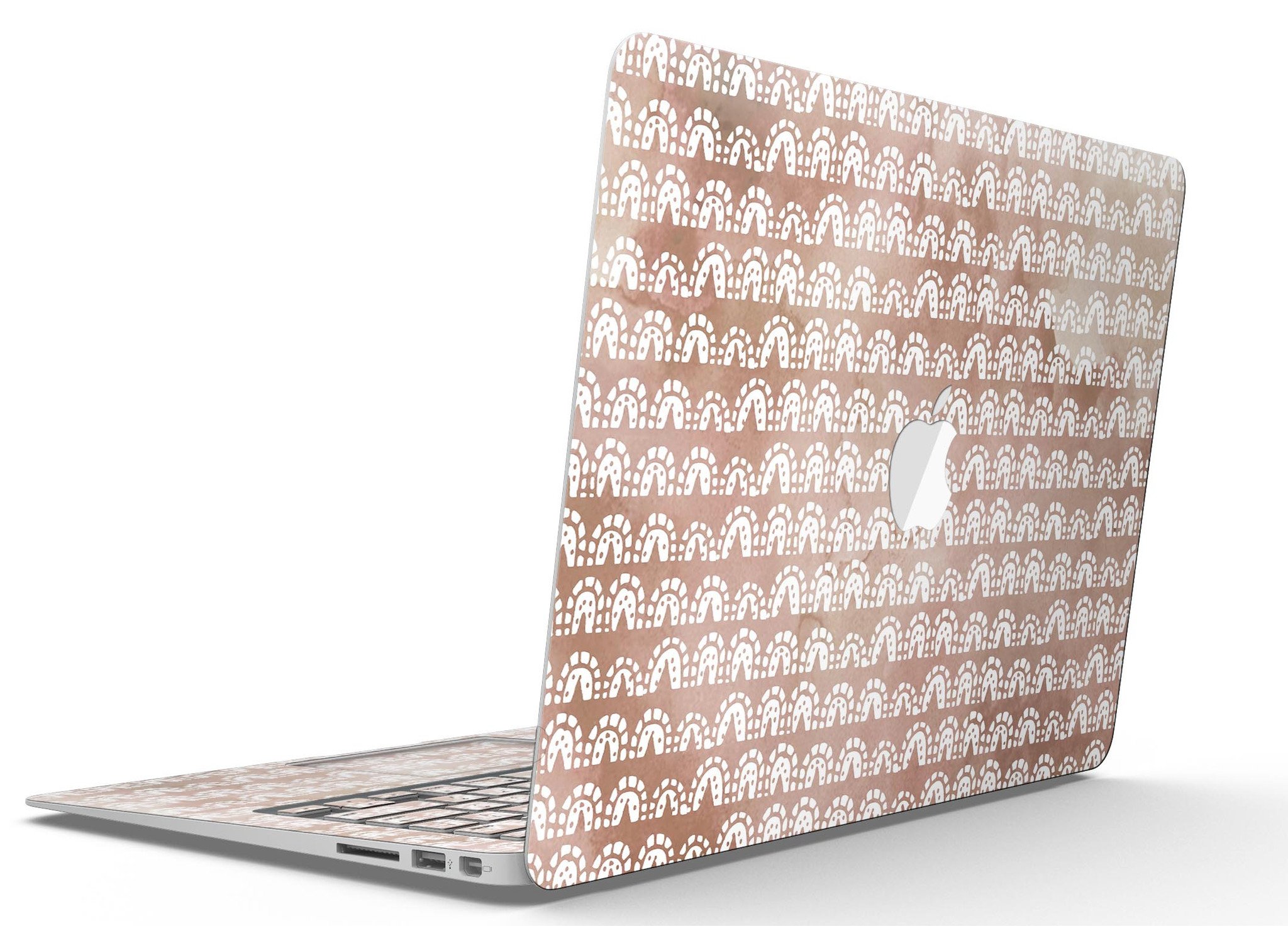 Black and brown grunge vinyl skin for MacBook Air with white semi-circles, showcasing a stylish design.