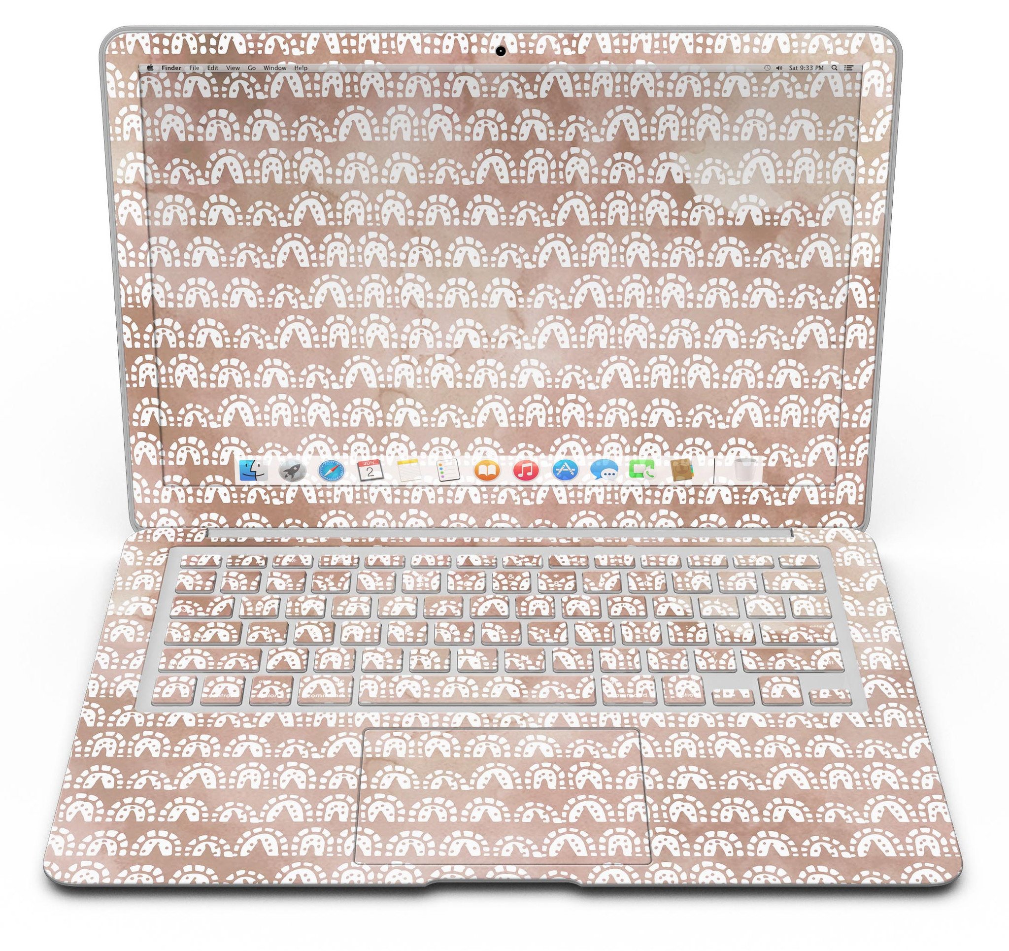 Black and brown grunge vinyl skin for MacBook Air with white semi-circles, showcasing a stylish design.