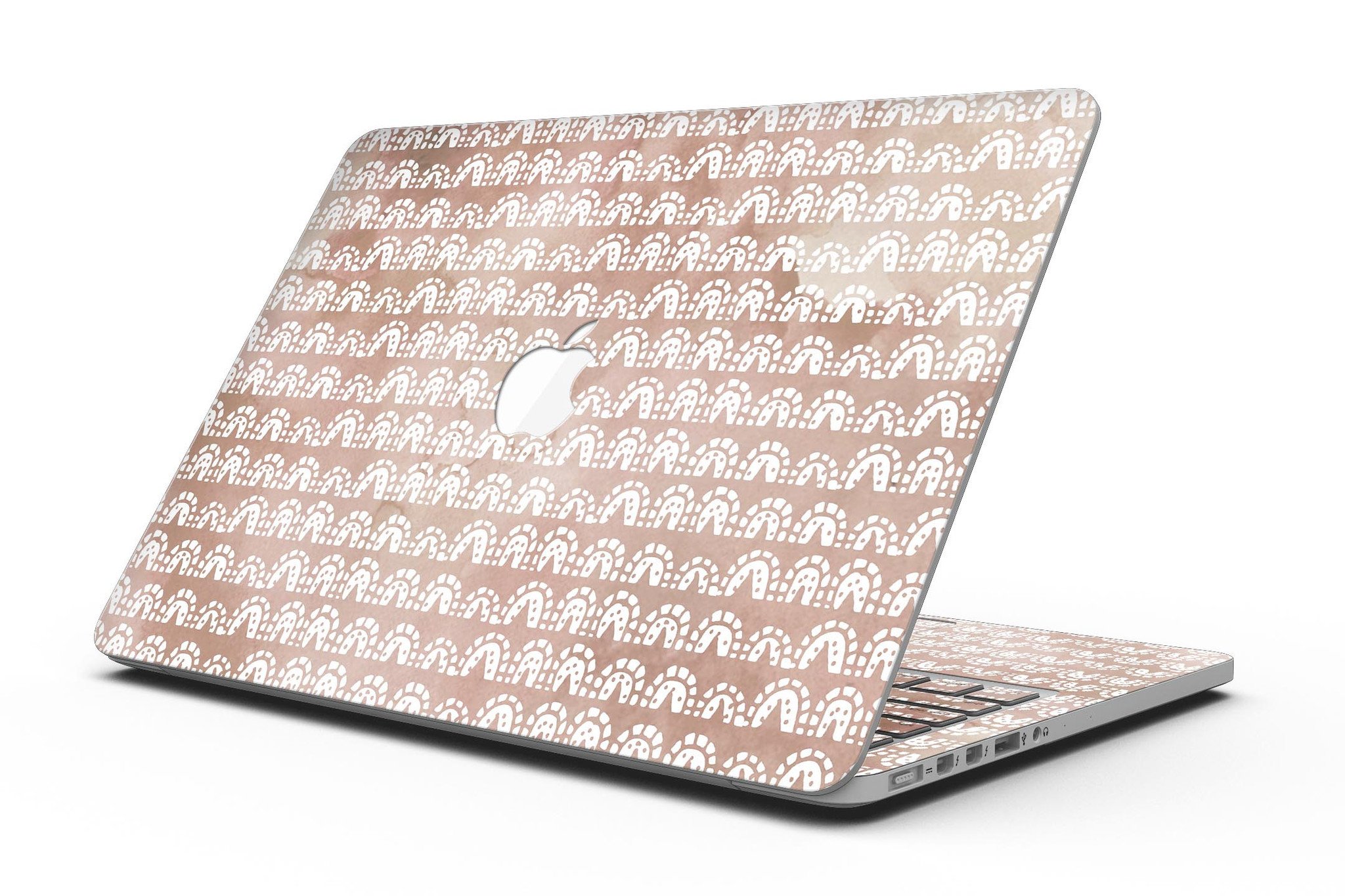 Black and brown grunge vinyl skin for MacBook Pro with white semi-circles, showcasing a stylish design.