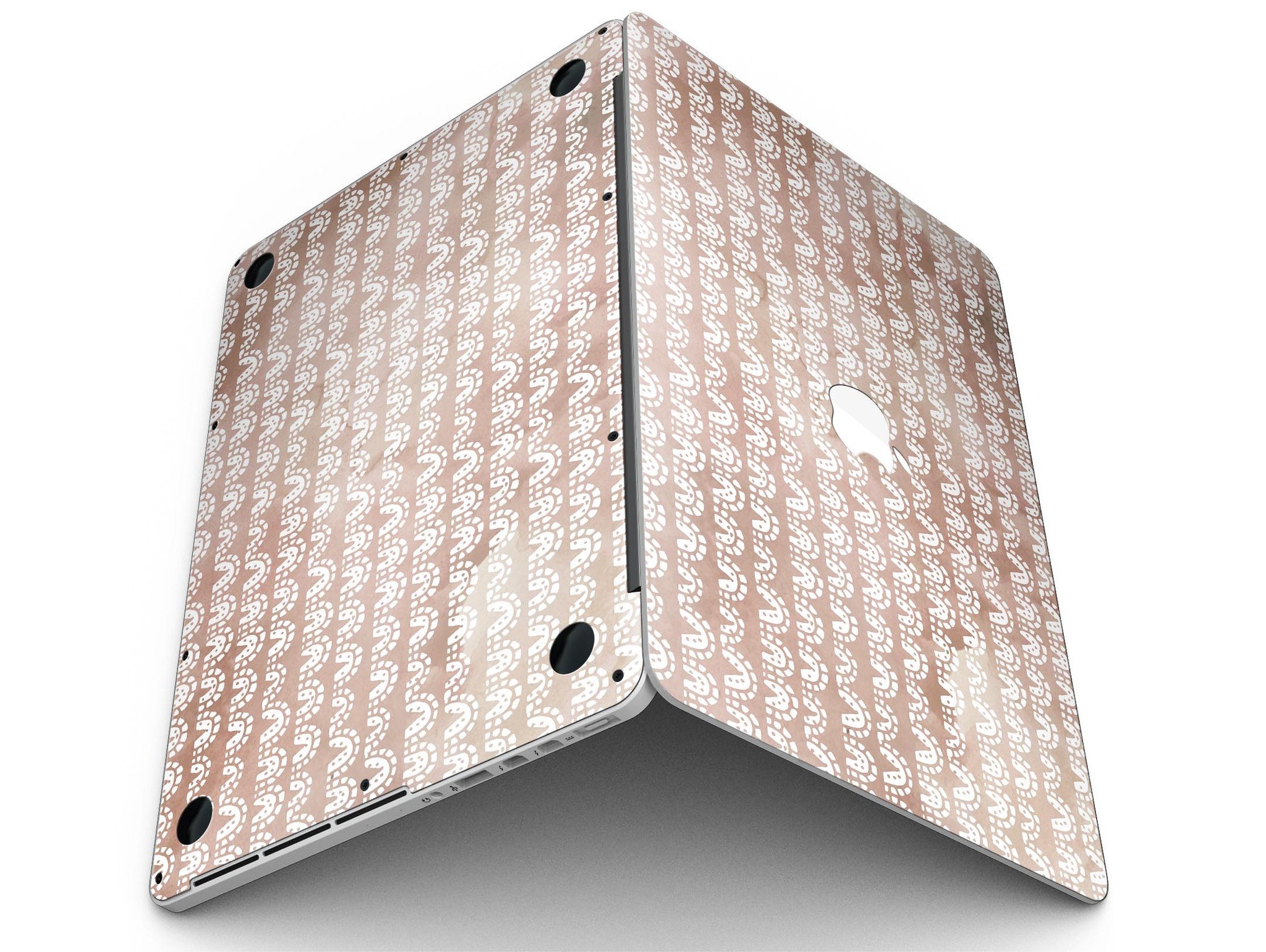 Black and brown grunge vinyl skin for MacBook Pro with white semi-circles, showcasing a stylish design.