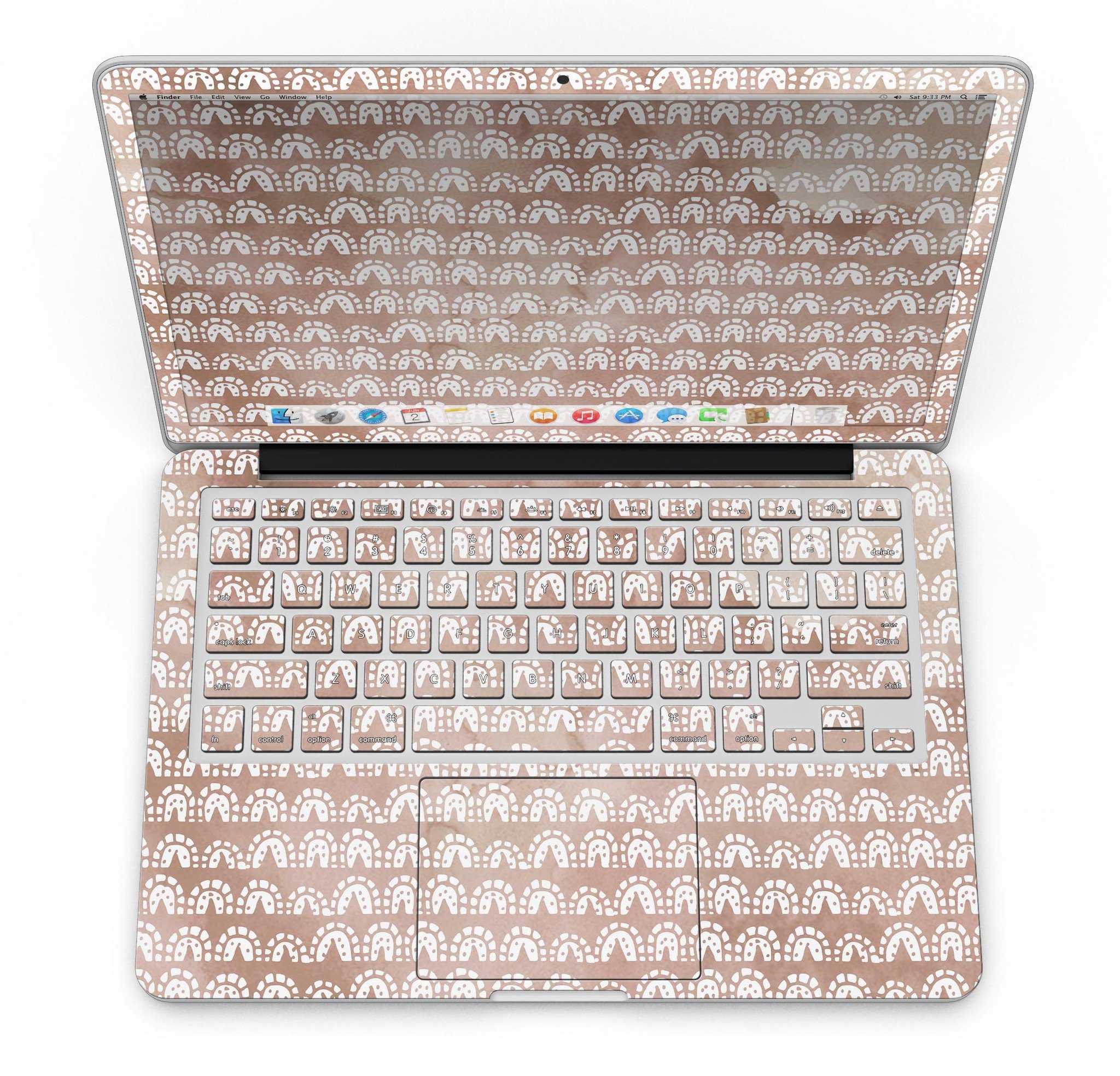 Black and brown grunge vinyl skin for MacBook Pro with white semi-circles, showcasing a stylish design.