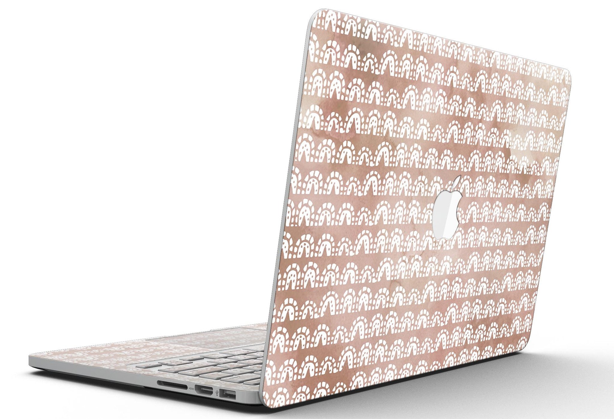 Black and brown grunge vinyl skin for MacBook Pro with white semi-circles, showcasing a stylish design.