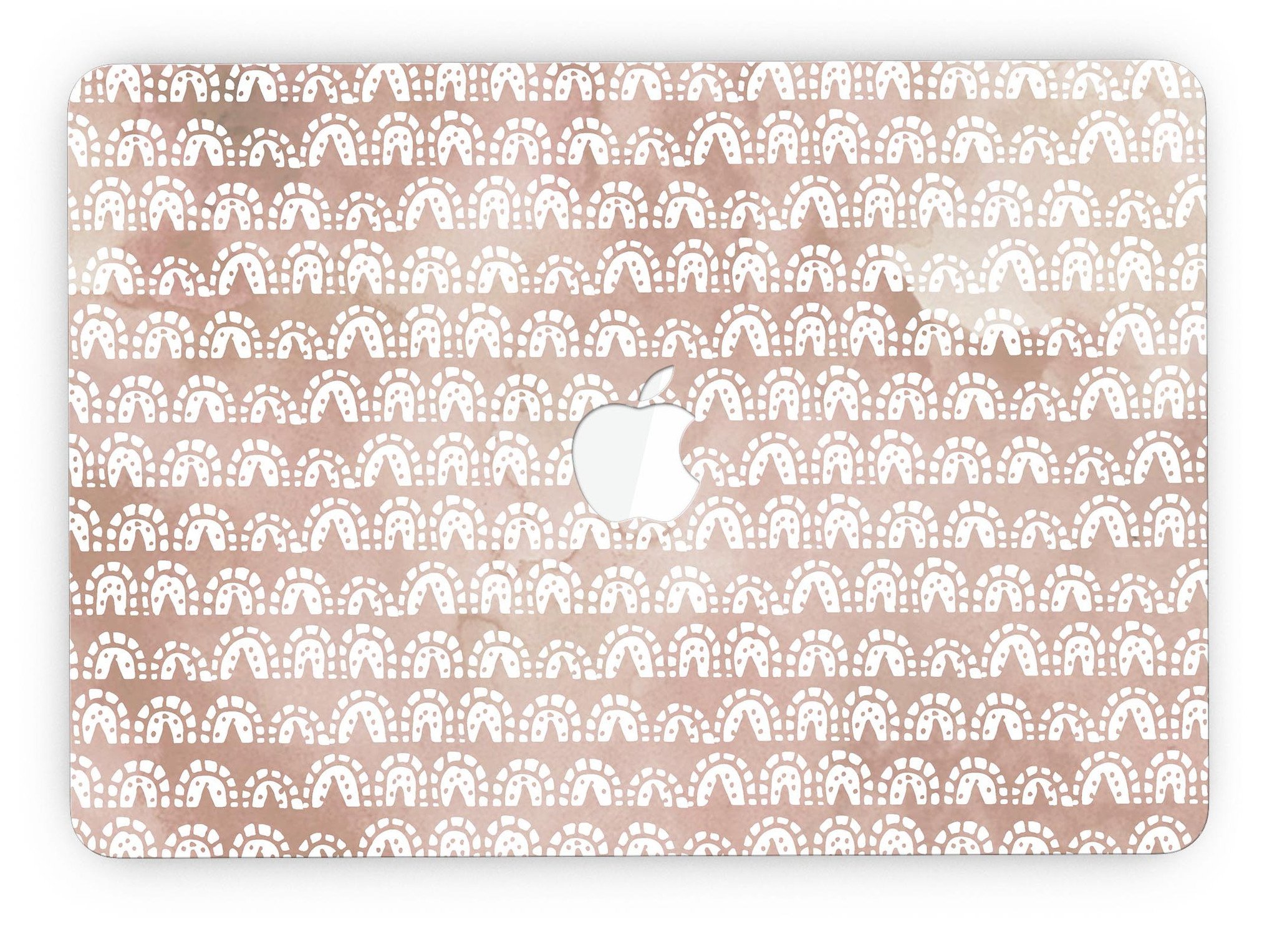 Black and brown grunge vinyl skin for MacBook Pro with white semi-circles, showcasing a stylish design.