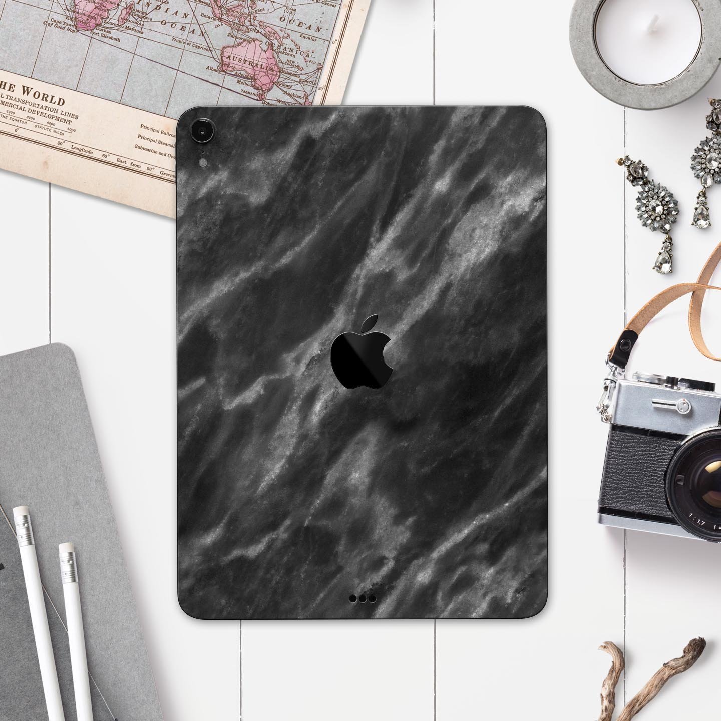 Black and Chalky White Marble skin decal for Apple devices, showcasing a stylish and protective design.