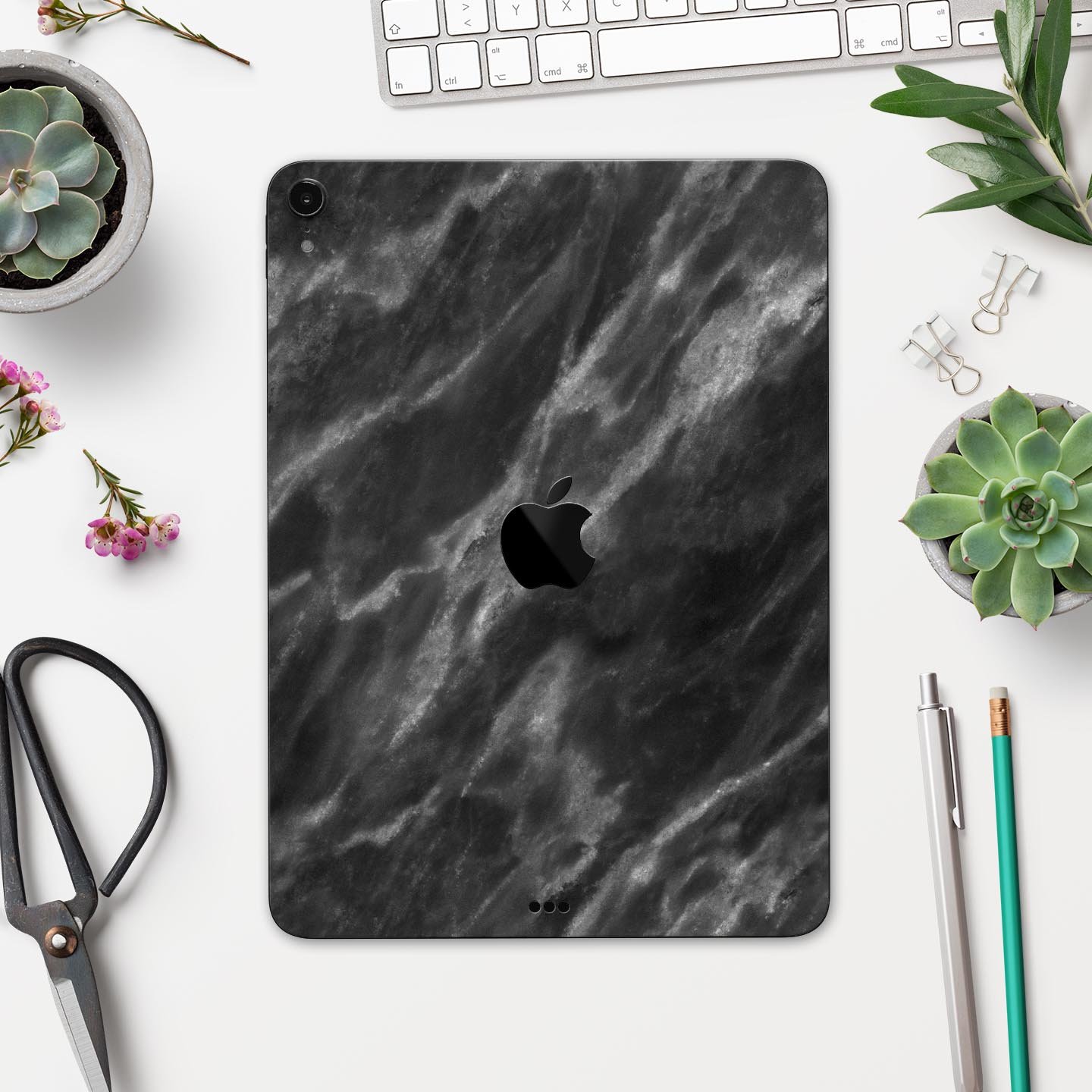 Black and Chalky White Marble skin decal for Apple devices, showcasing a stylish and protective design.