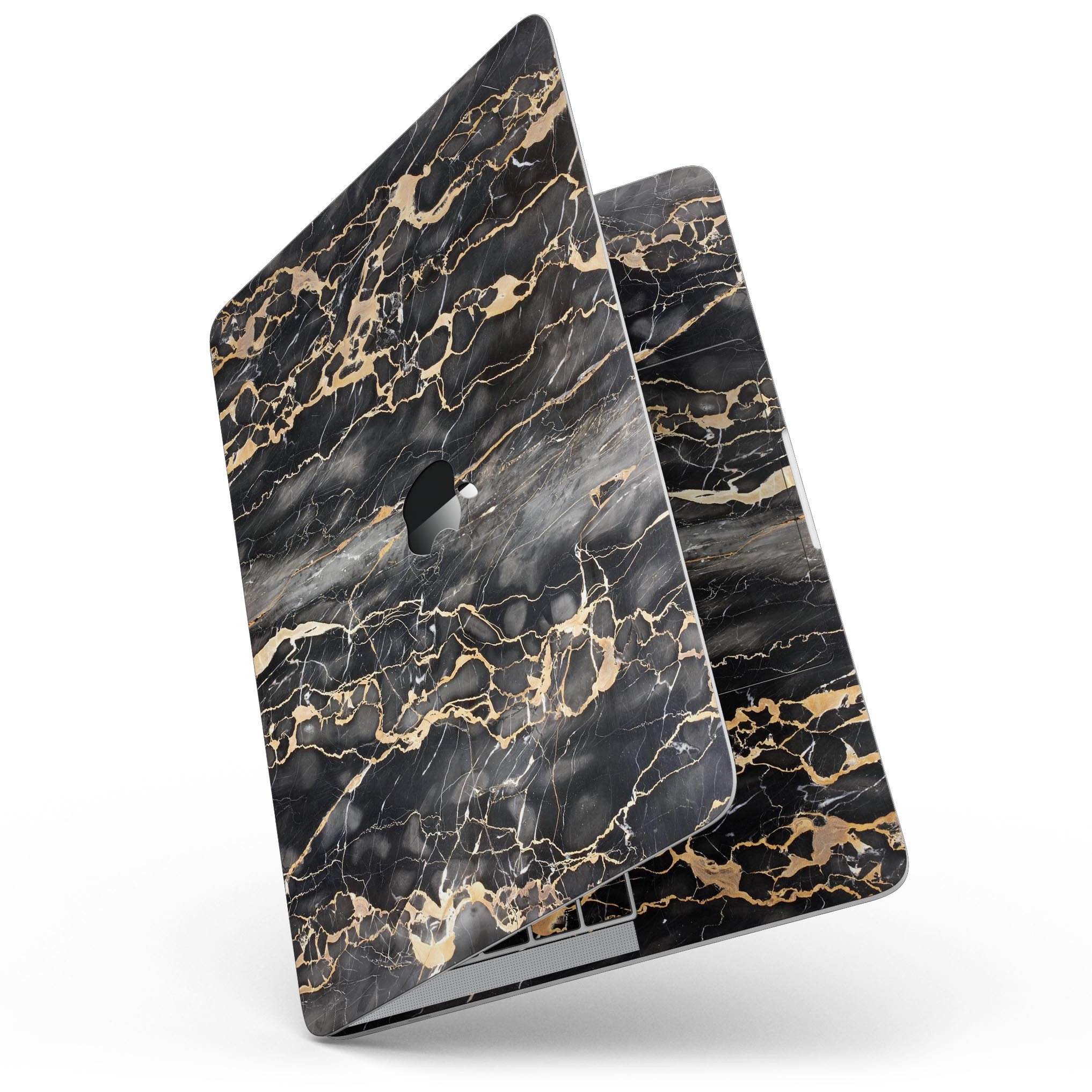 Black and Gold Marble Skin for 13" MacBook Pro without Touch Bar, showcasing a stylish design that protects the device.