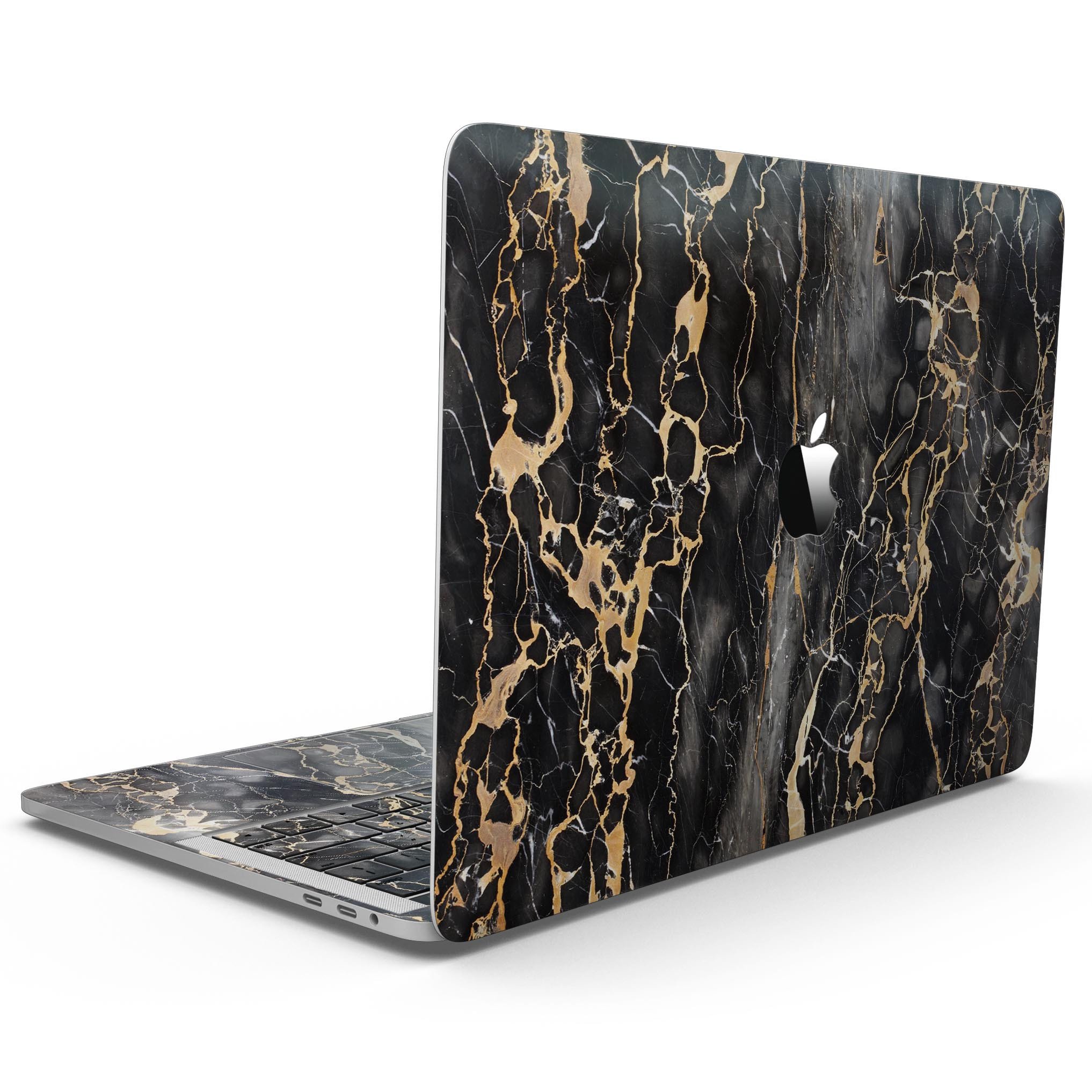 Black and Gold Marble Skin for 13" MacBook Pro without Touch Bar, showcasing a stylish design that protects the device.