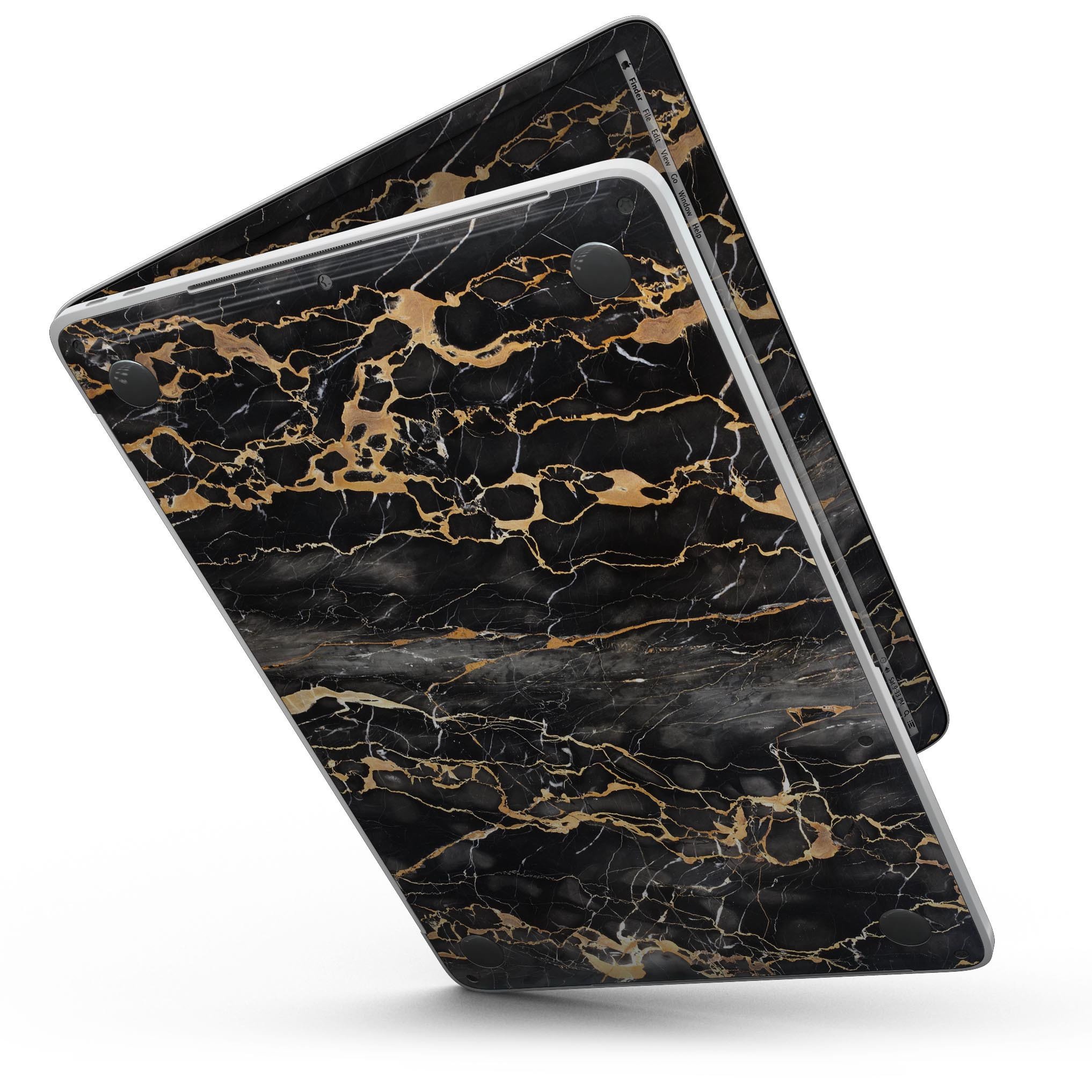 Black and Gold Marble Skin for 13" MacBook Pro without Touch Bar, showcasing a stylish design that protects the device.