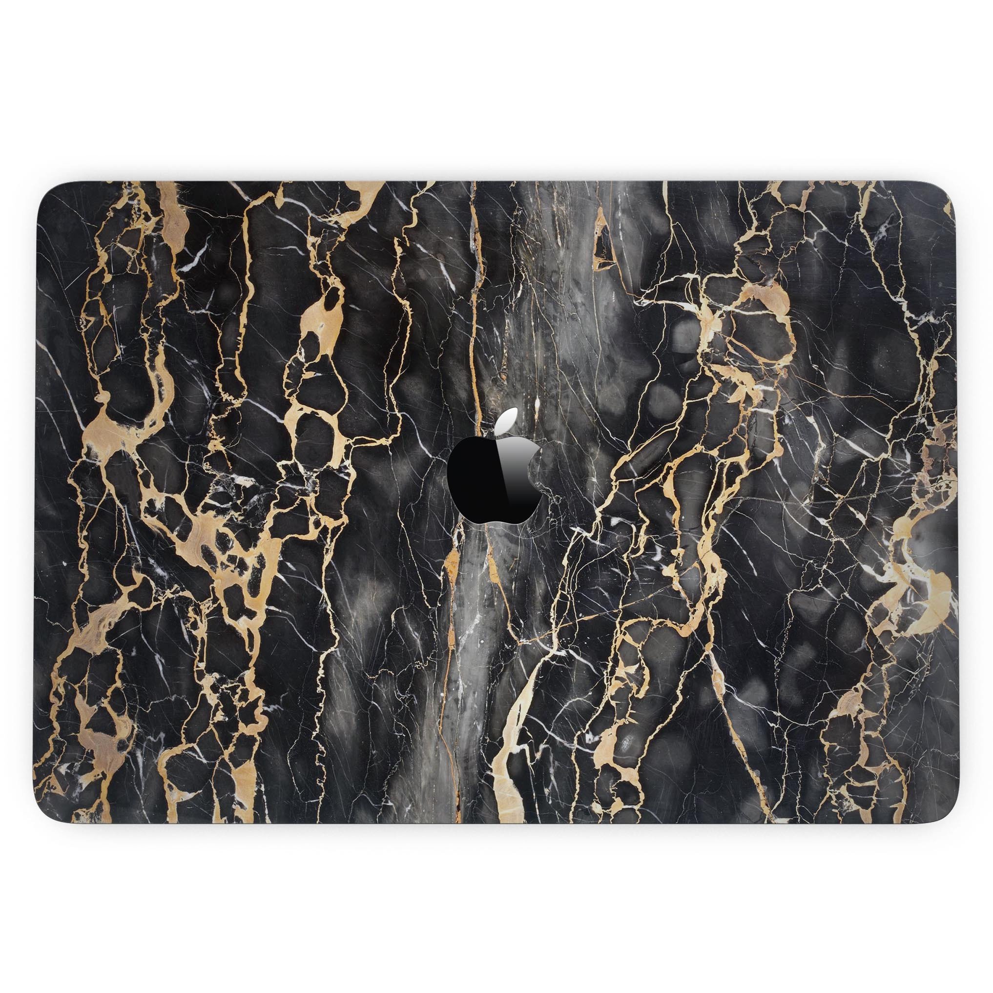 Black and Gold Marble Skin for 13" MacBook Pro without Touch Bar, showcasing a stylish design that protects the device.