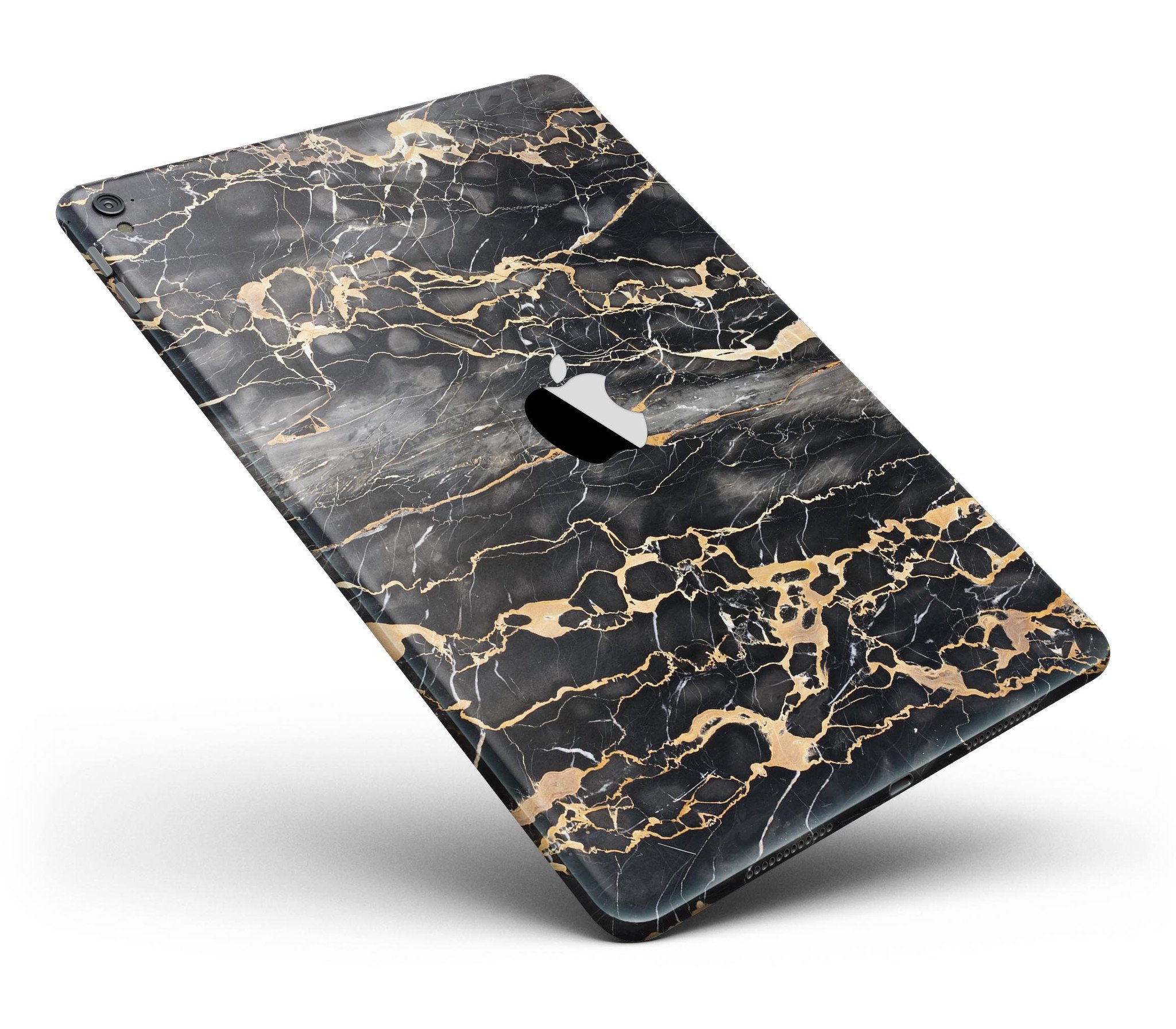 Black and Gold Marble Surface Full Body Skin for iPad Pro, showcasing a stylish design that offers protection and elegance.