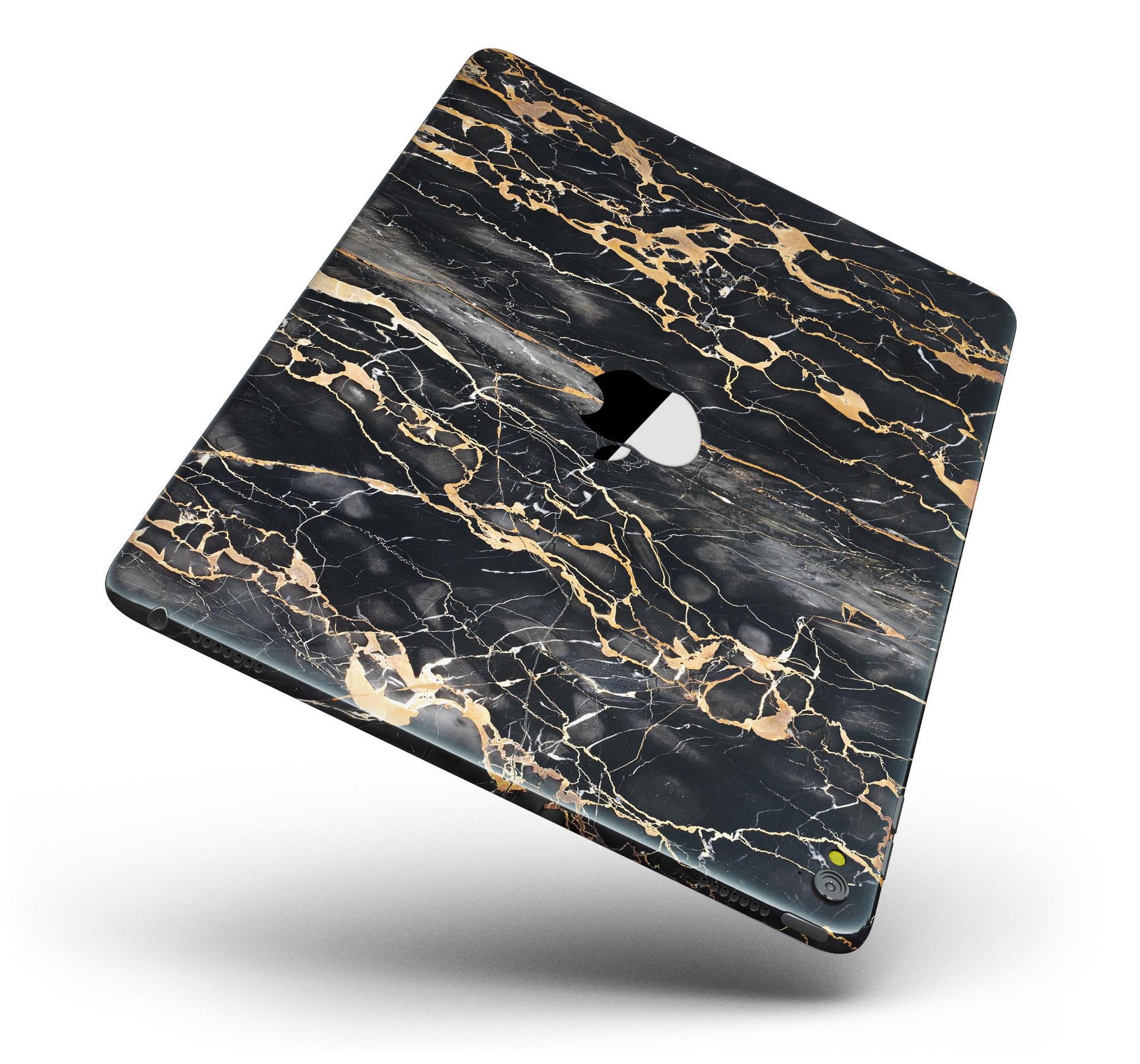 Black and Gold Marble Surface Full Body Skin for iPad Pro, showcasing a stylish design that offers protection and elegance.