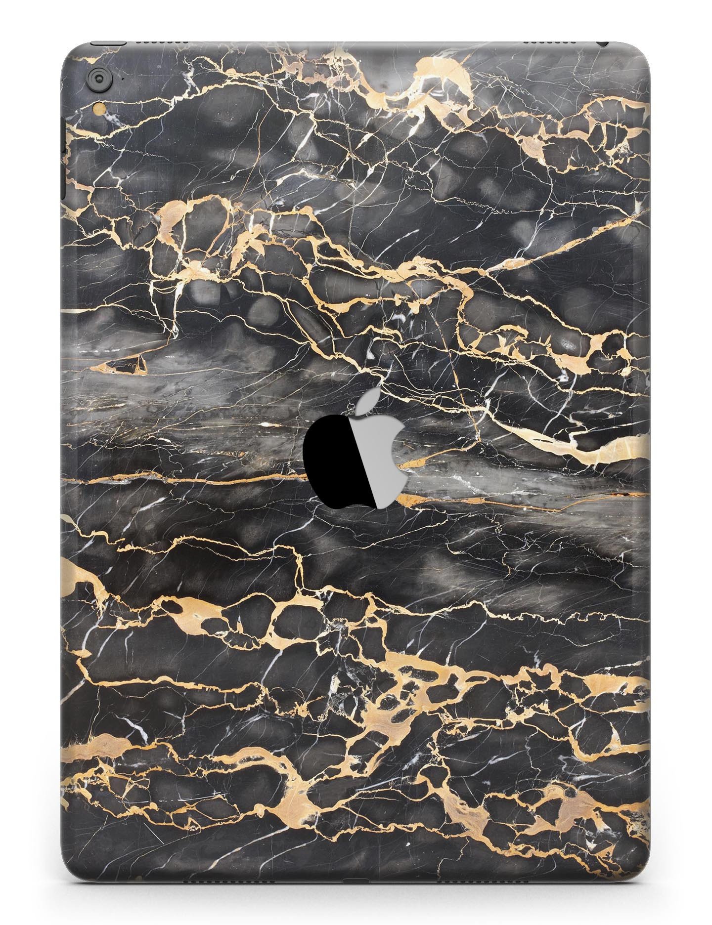 Black and Gold Marble Surface Full Body Skin for iPad Pro, showcasing a stylish design that offers protection and elegance.